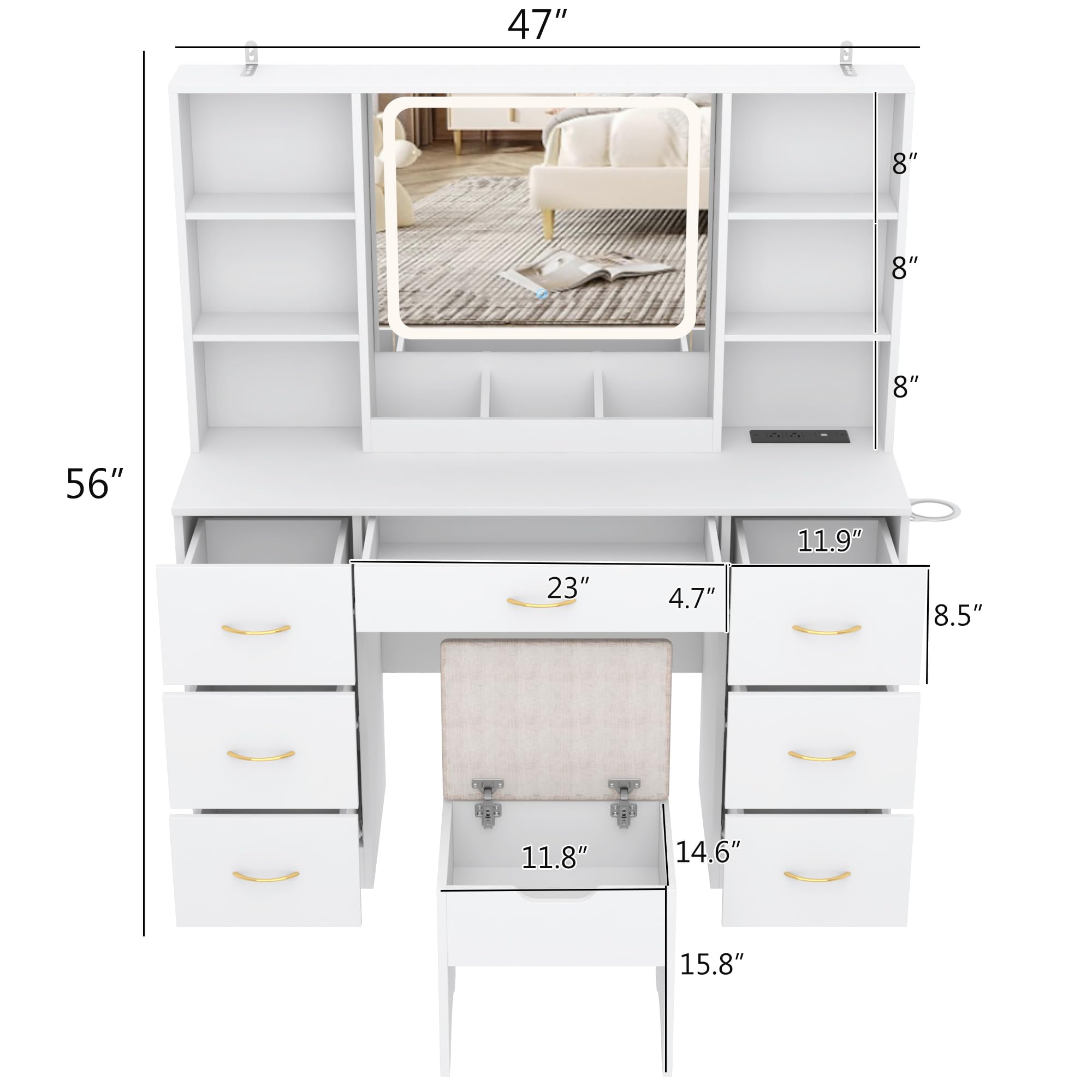 Large Vanity Desk Set with Mirror & LED Light & Power Outlet, 47" White Makeup Vanity with 6 Shelves & 7 Drawers for Women, Girls Gift