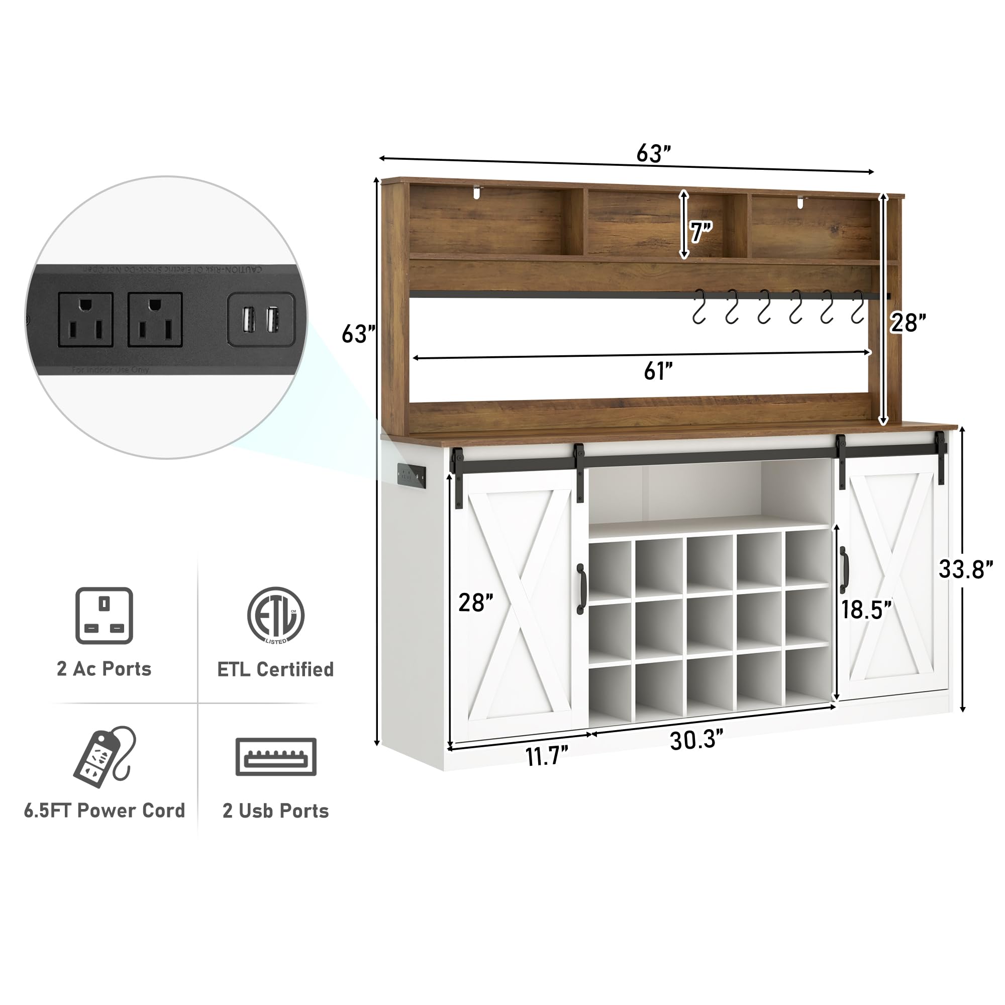 Chvans Farmhouse Coffee Bar Cabinet, 58" Tall Bar Cabinet with LED Lights & Power Outlet, Sideboard Buffet Cabinet with Storage Barn Door, Adjustable Shelf, 9 Wine Racks, 6 Hooks
