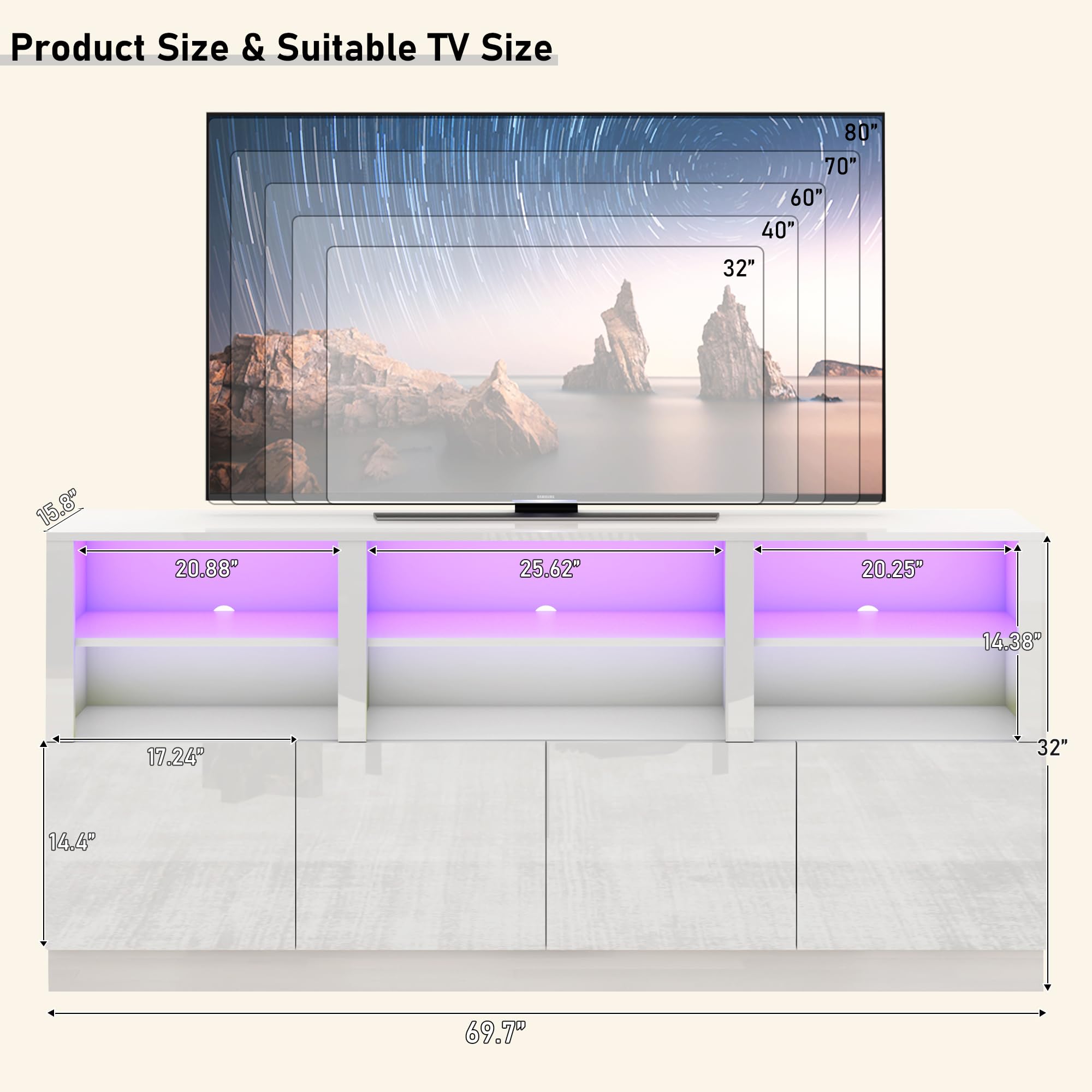 ANPOO LED TV Stand for 75” 80" 85" TVs, Tall Entertainment Center with 4 Door Storage Cabinets