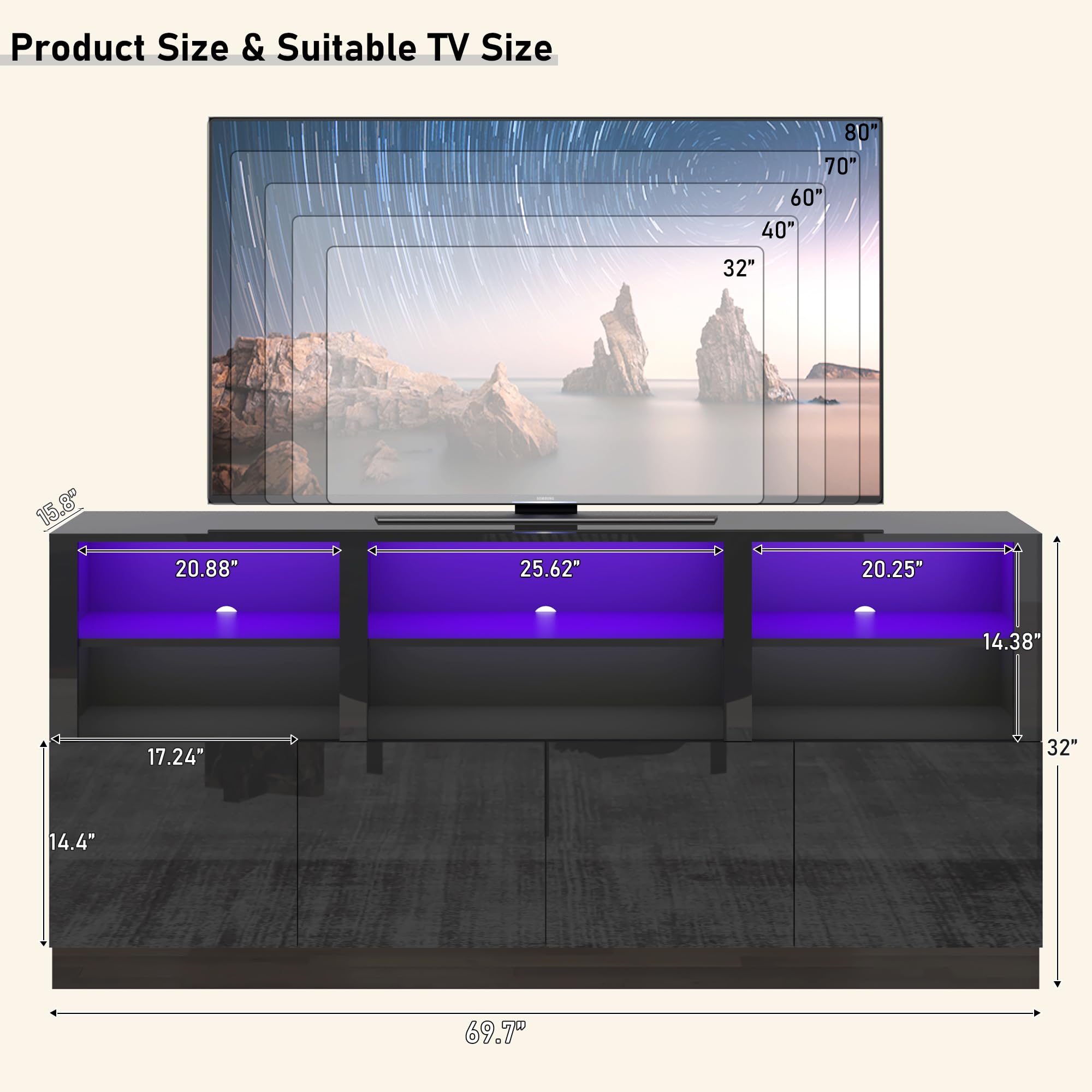 ANPOO LED TV Stand for 75” 80" 85" TVs, Tall Entertainment Center with 4 Door Storage Cabinets
