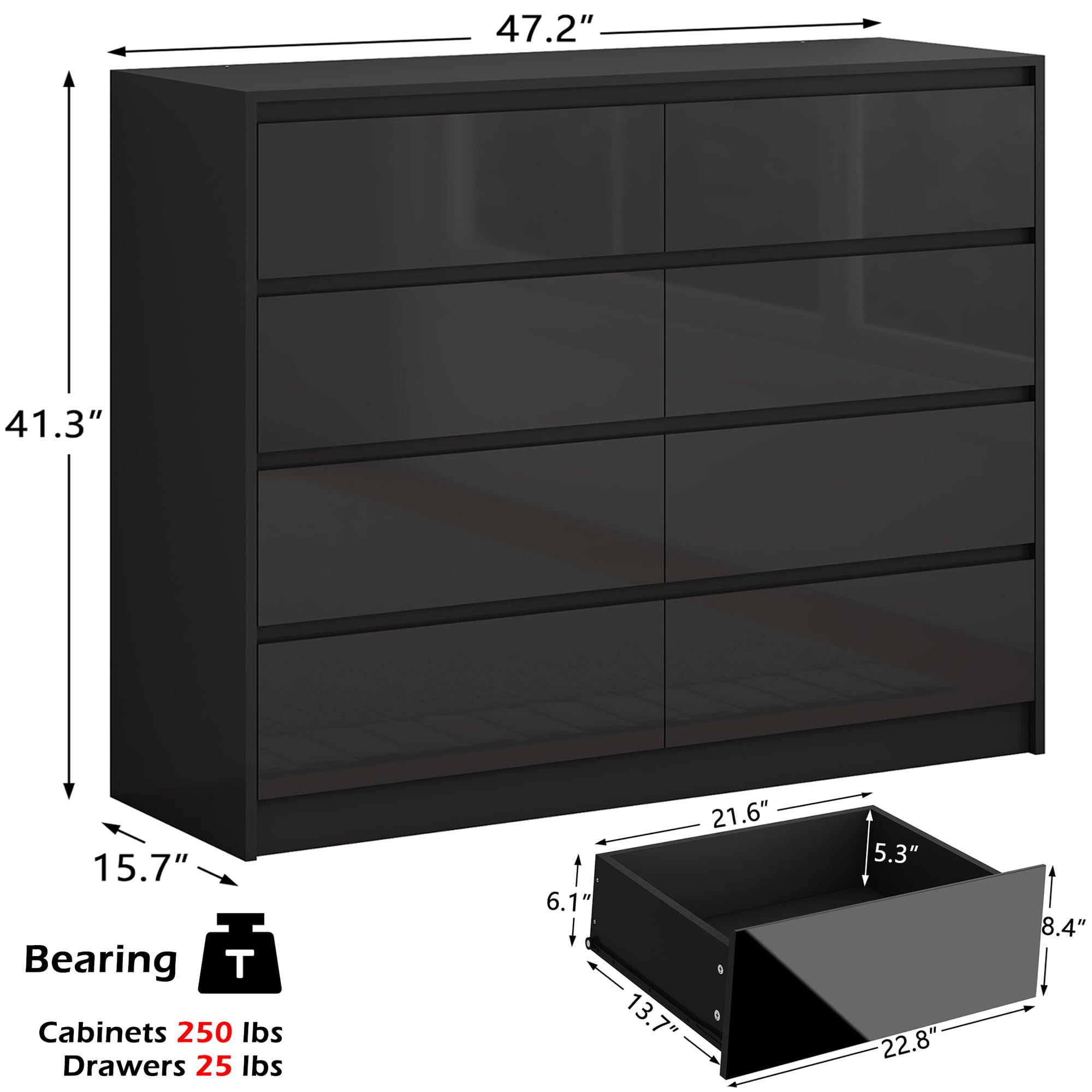 ChVans 8 Drawer Black Dresser for Bedroom, Modern High Gloss 8 Drawers Double Dressers, Wood Chest of Drawer Handle Free,Long Dresser for Bedroom,Living Room,Entryway,Hallway