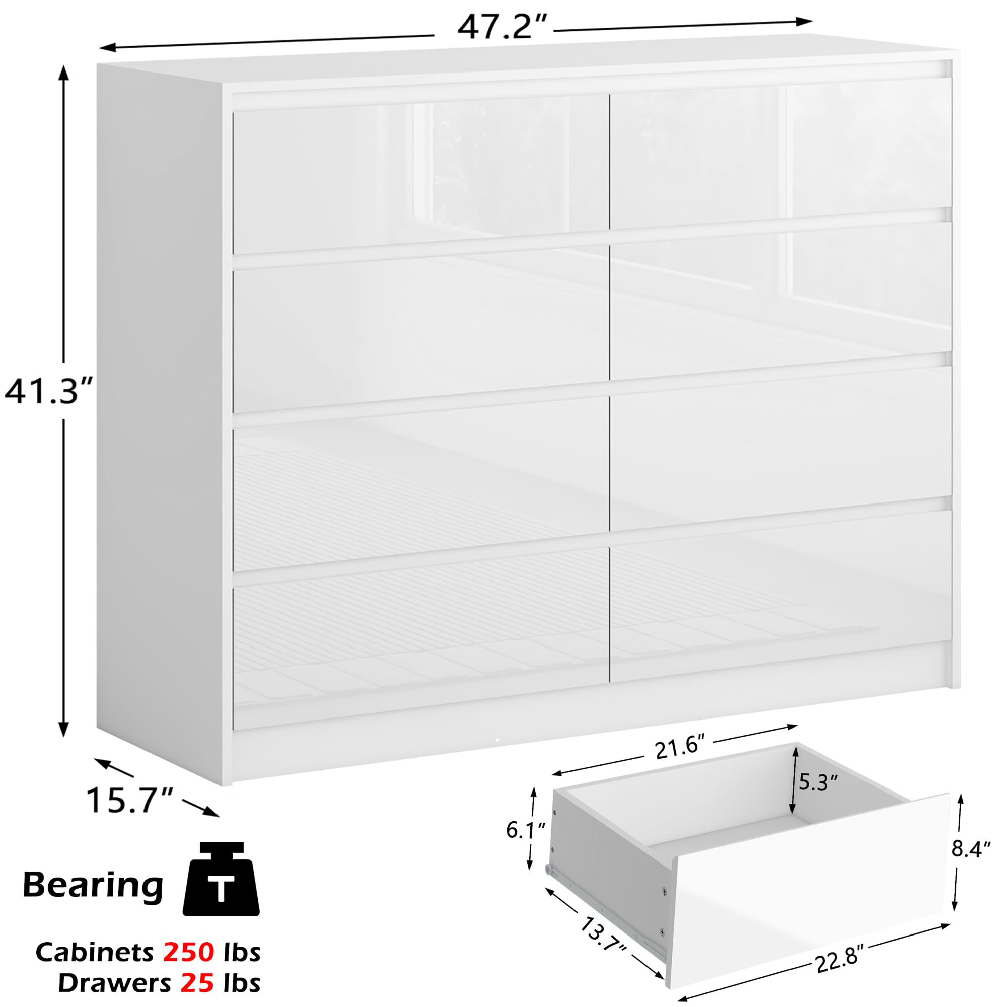 ChVans 8 Drawer Black Dresser for Bedroom, Modern High Gloss 8 Drawers Double Dressers, Wood Chest of Drawer Handle Free,Long Dresser for Bedroom,Living Room,Entryway,Hallway