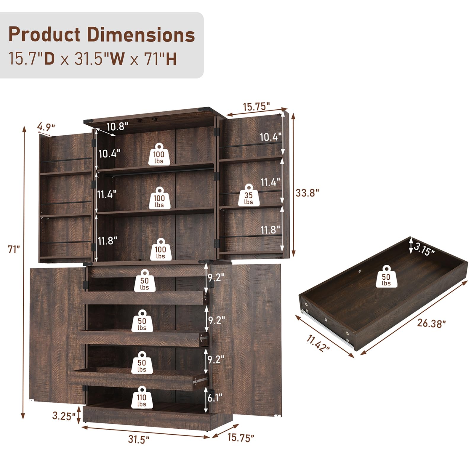 ChVans 71" Tall Farmhouse Kitchen Pantry with 6 Door Shelves & 3 Pack Drawers, 7 Layers Pantry Storage Cabinet w/Load-Bearing Steel Pipe/4 Barn Doors for Kitchen, Dining Room, Living Room,Brown