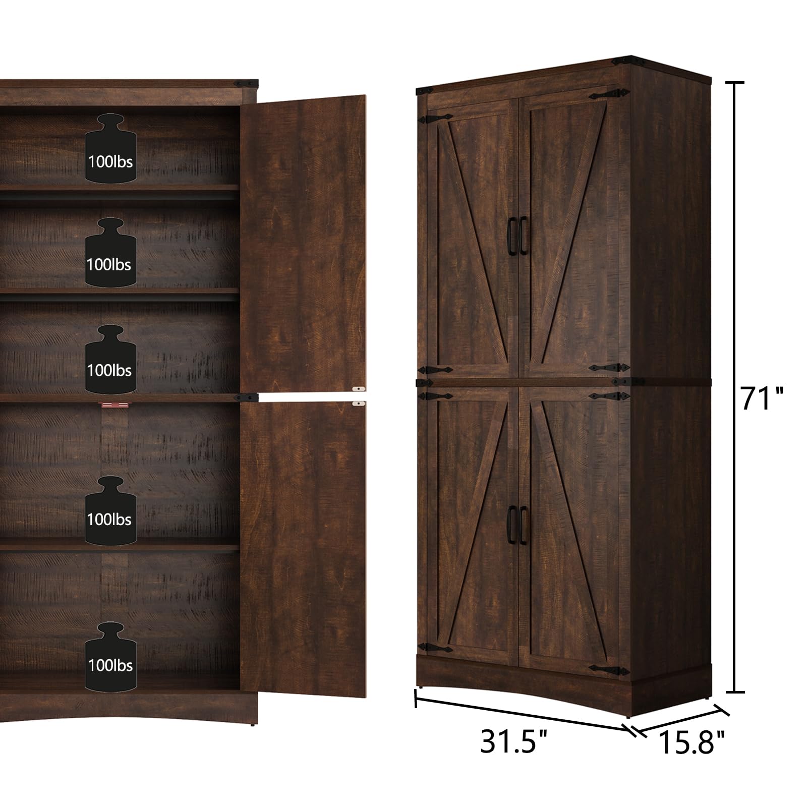 ChVans 71" Tall Farmhouse Kitchen Pantry with Adjustable Shelves,5 Layers Pantry Storage Cabinet with Load-Bearing Steel Pipe&4 Barn Doors for Kitchen,Dining Room,Living Room ,(Brown-71")