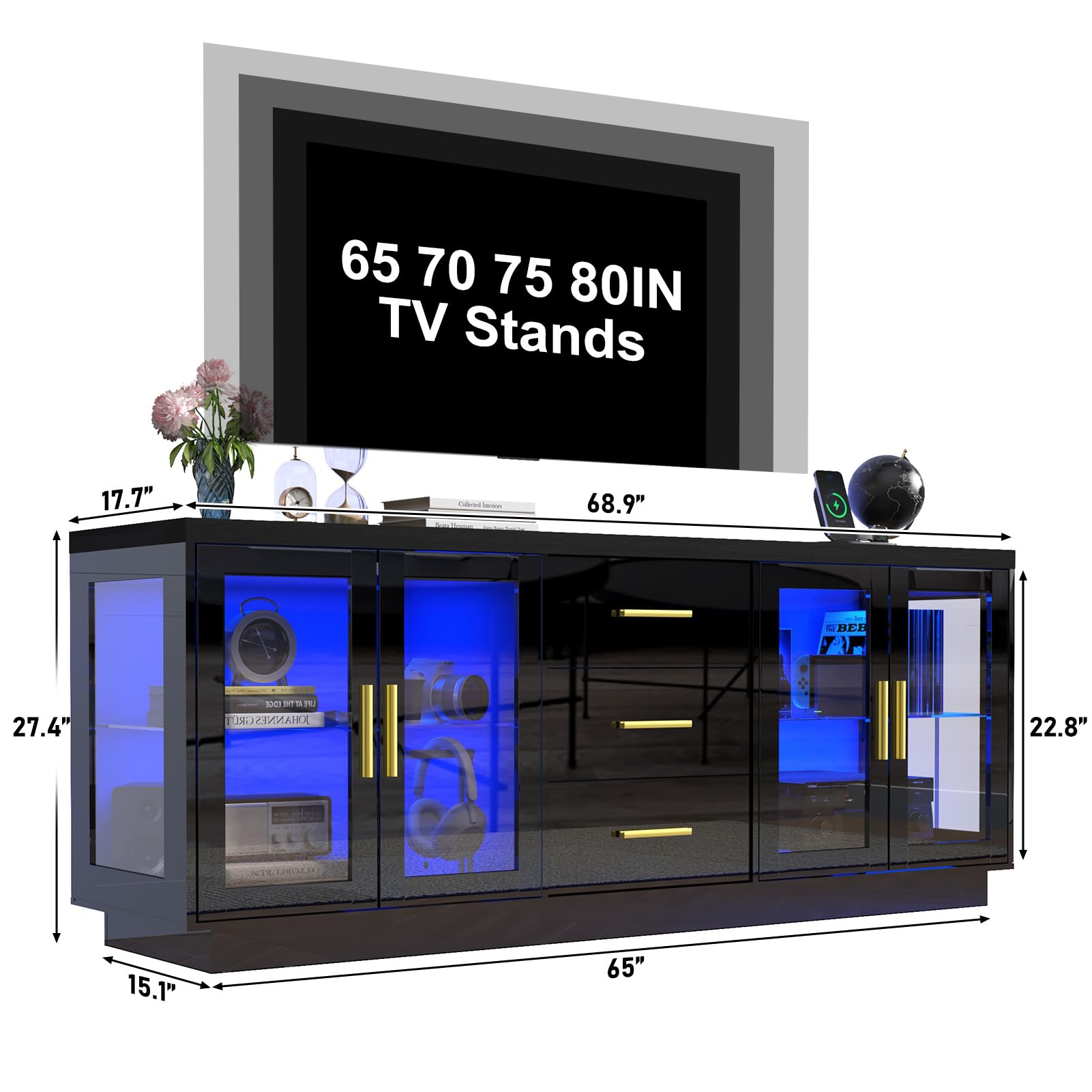ChVans 69" Modern LED TV Stand for TVs up to 80" with Power Outlets, High Gloss Entertainment Center with Open Shelves & Storage Cabinets & Drawers for Living Room, Game Room, Bedroom