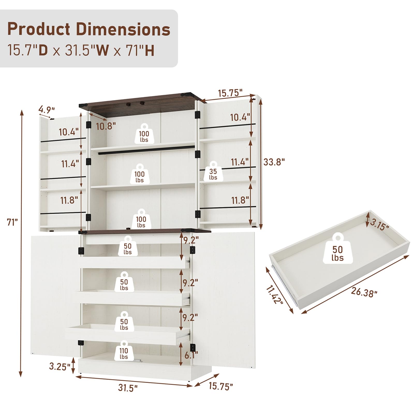 ChVans 71" Tall Farmhouse Kitchen Pantry with 6 Door Shelves & 3 Pack Drawers, 7 Layers Pantry Storage Cabinet w/Load-Bearing Steel Pipe/4 Barn Doors for Kitchen, Dining Room, Living Room,Brown