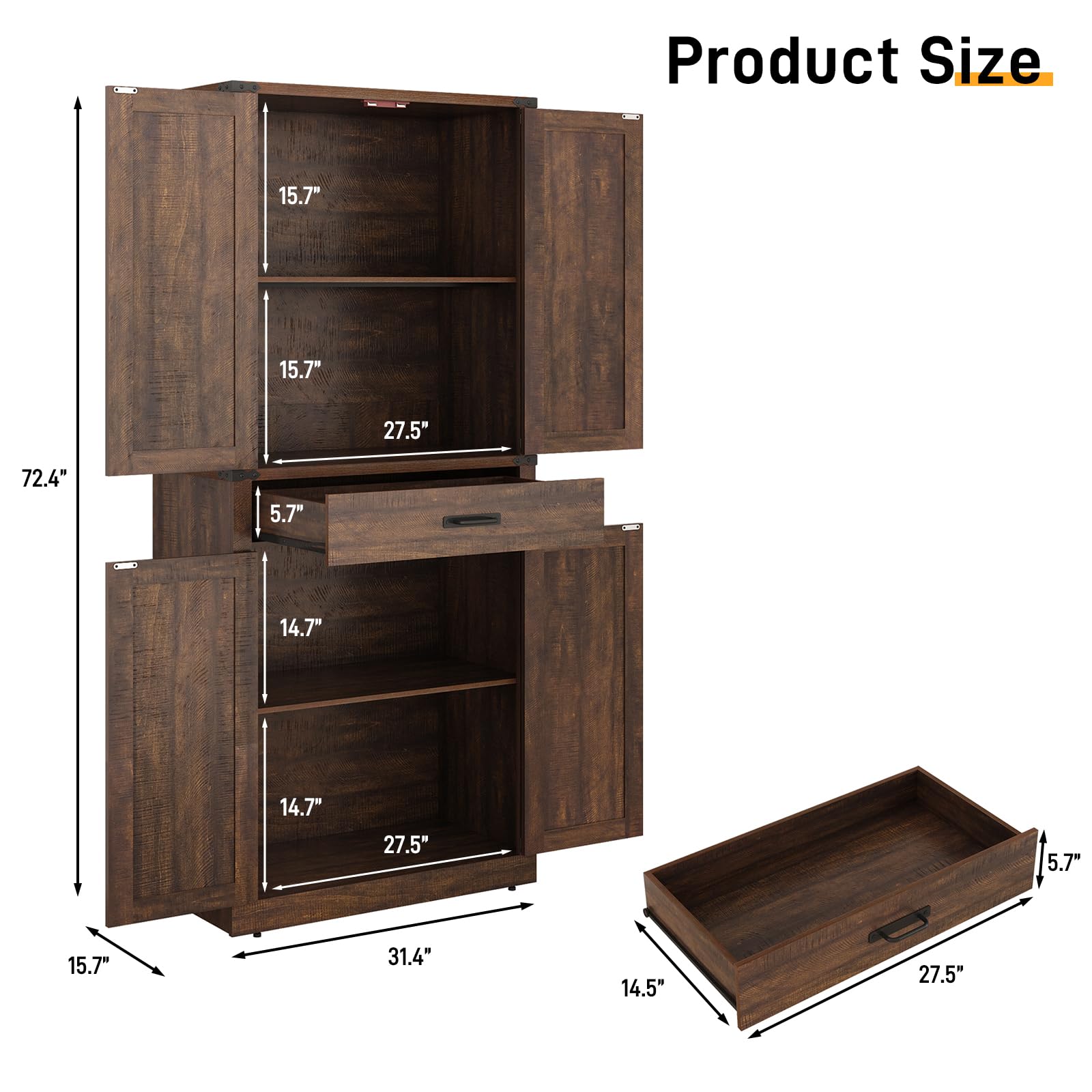 ChVans 72" Tall Farmhouse Kitchen Pantry with Drawer & Adjustable Shelves, 5 Layers Pantry Storage Cabinet w/Load-Bearing Steel Pipe & 4 Barn Doors for Kitchen, Dining Room, Living Room,Brown