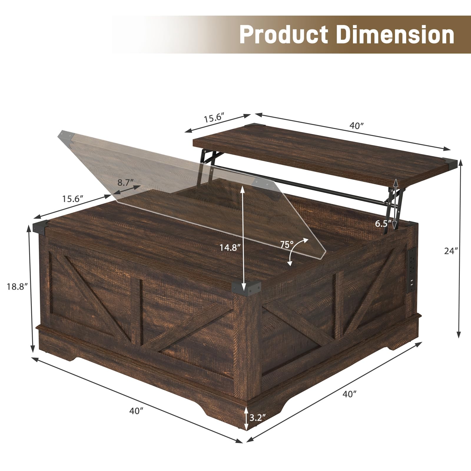 ChVans 35.6" Square Lift Top Coffee Table, Farmhouse Coffee Table with Storage & Charging Ports, Wood Center Table w/Large Hidden Space for Living Room Home Office, Brown