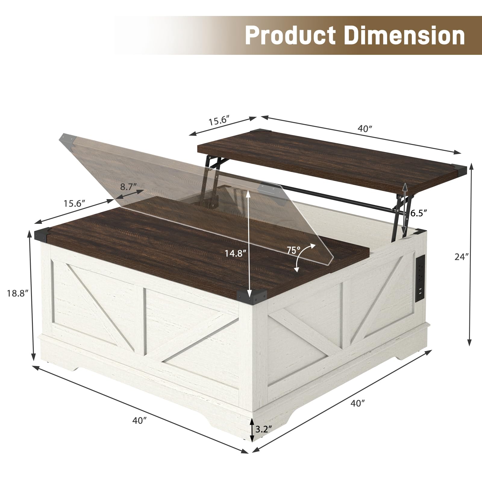 ChVans 35.6" Square Lift Top Coffee Table, Farmhouse Coffee Table with Storage & Charging Ports, Wood Center Table w/Large Hidden Space for Living Room Home Office, Brown