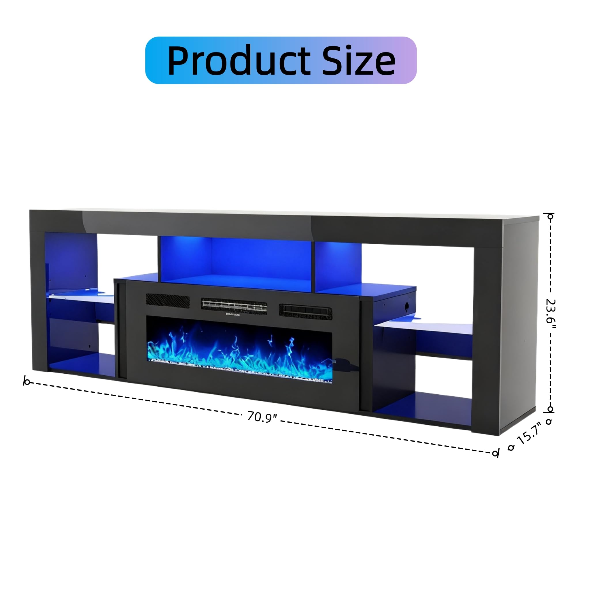 71'' Floating Fireplace TV Stand for 75/80''TV with 40'' Fireplace, LED Modern White High Gloss Entertainment Center w/lights, Power Outlet, Adjustable Shelf, 2-Tier TV Console Cabinet with Storage