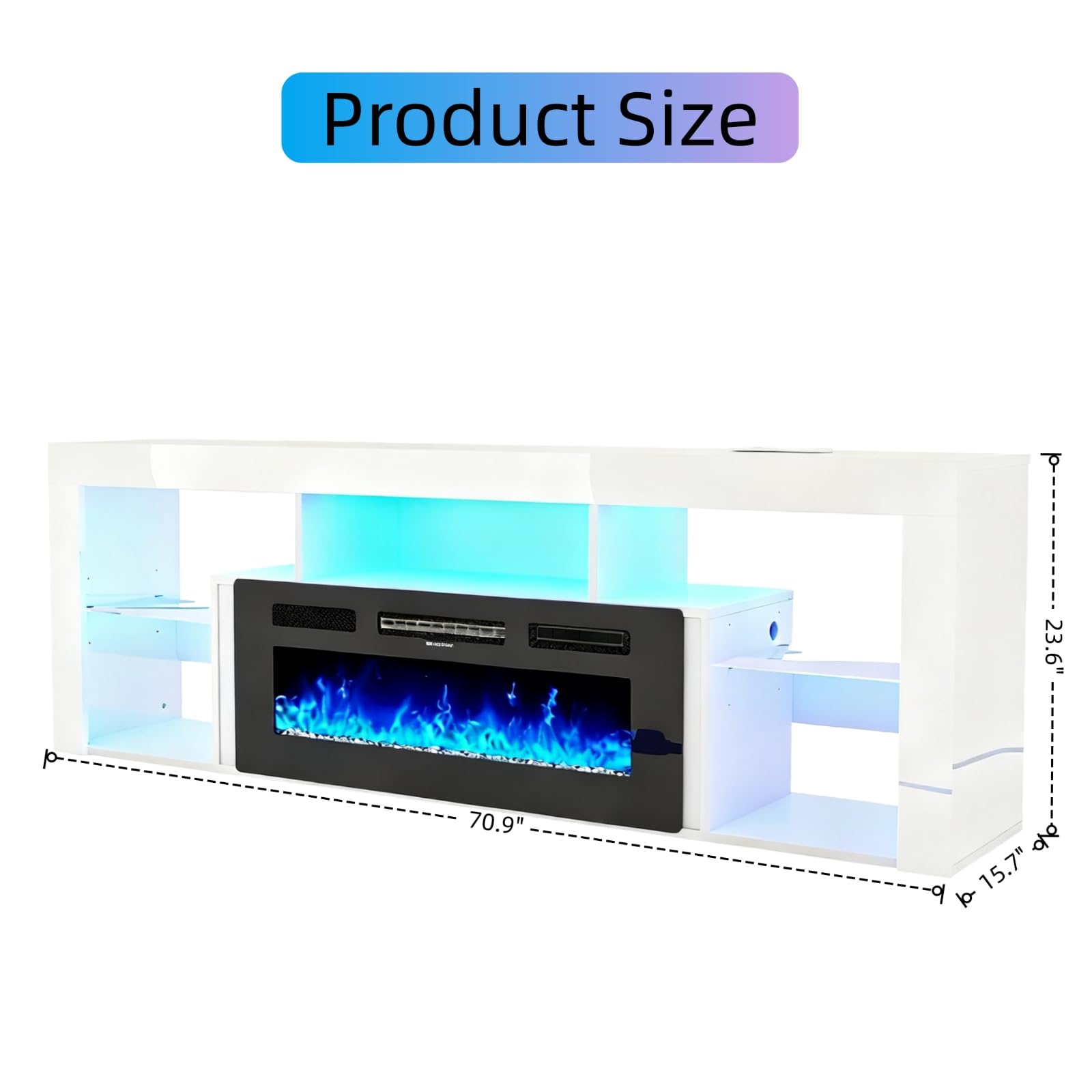 71'' Floating Fireplace TV Stand for 75/80''TV with 40'' Fireplace, LED Modern White High Gloss Entertainment Center w/lights, Power Outlet, Adjustable Shelf, 2-Tier TV Console Cabinet with Storage