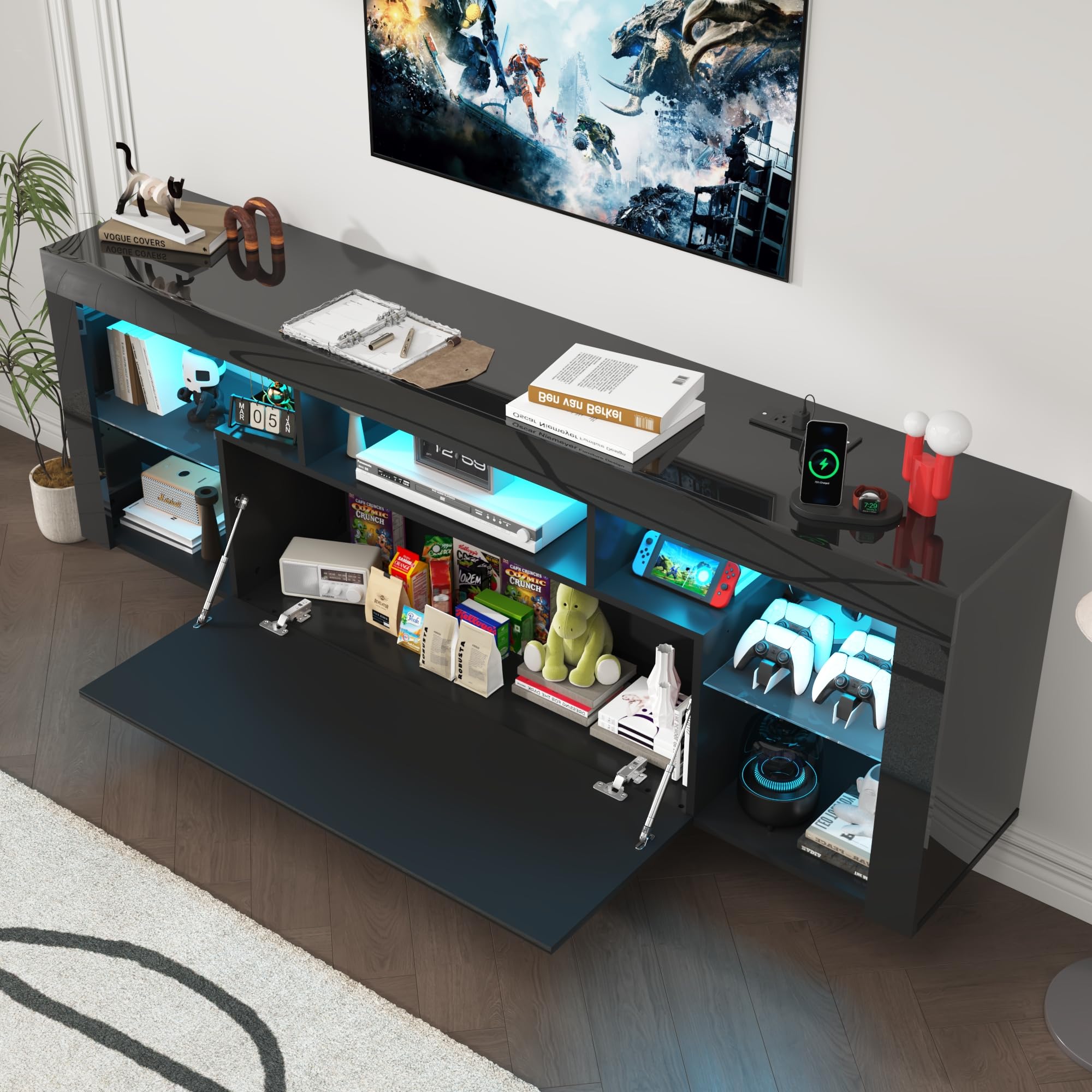 71'' Floating Fireplace TV Stand for 75/80''TV with 40'' Fireplace, LED Modern White High Gloss Entertainment Center w/lights, Power Outlet, Adjustable Shelf, 2-Tier TV Console Cabinet with Storage