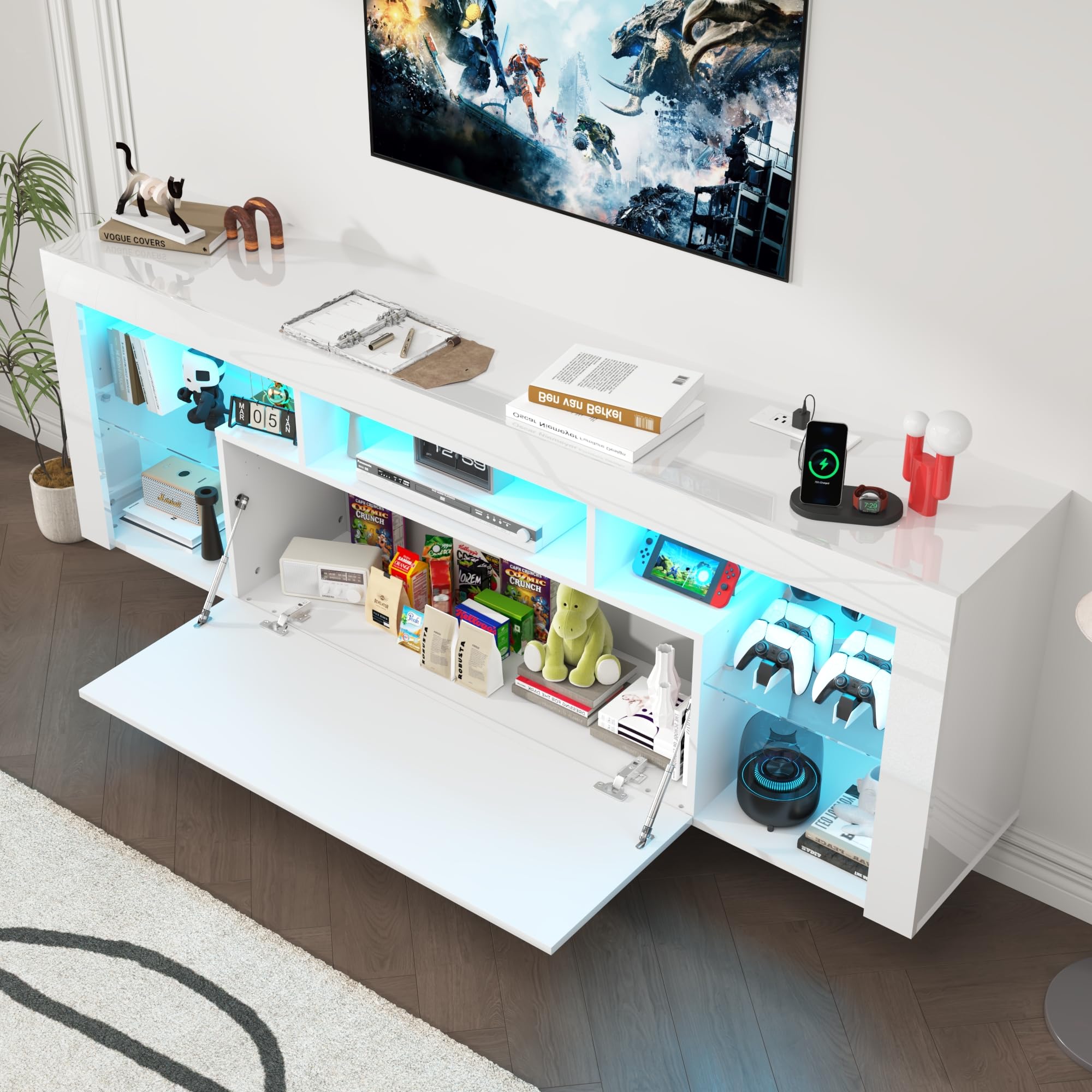 71'' Floating Fireplace TV Stand for 75/80''TV with 40'' Fireplace, LED Modern White High Gloss Entertainment Center w/lights, Power Outlet, Adjustable Shelf, 2-Tier TV Console Cabinet with Storage