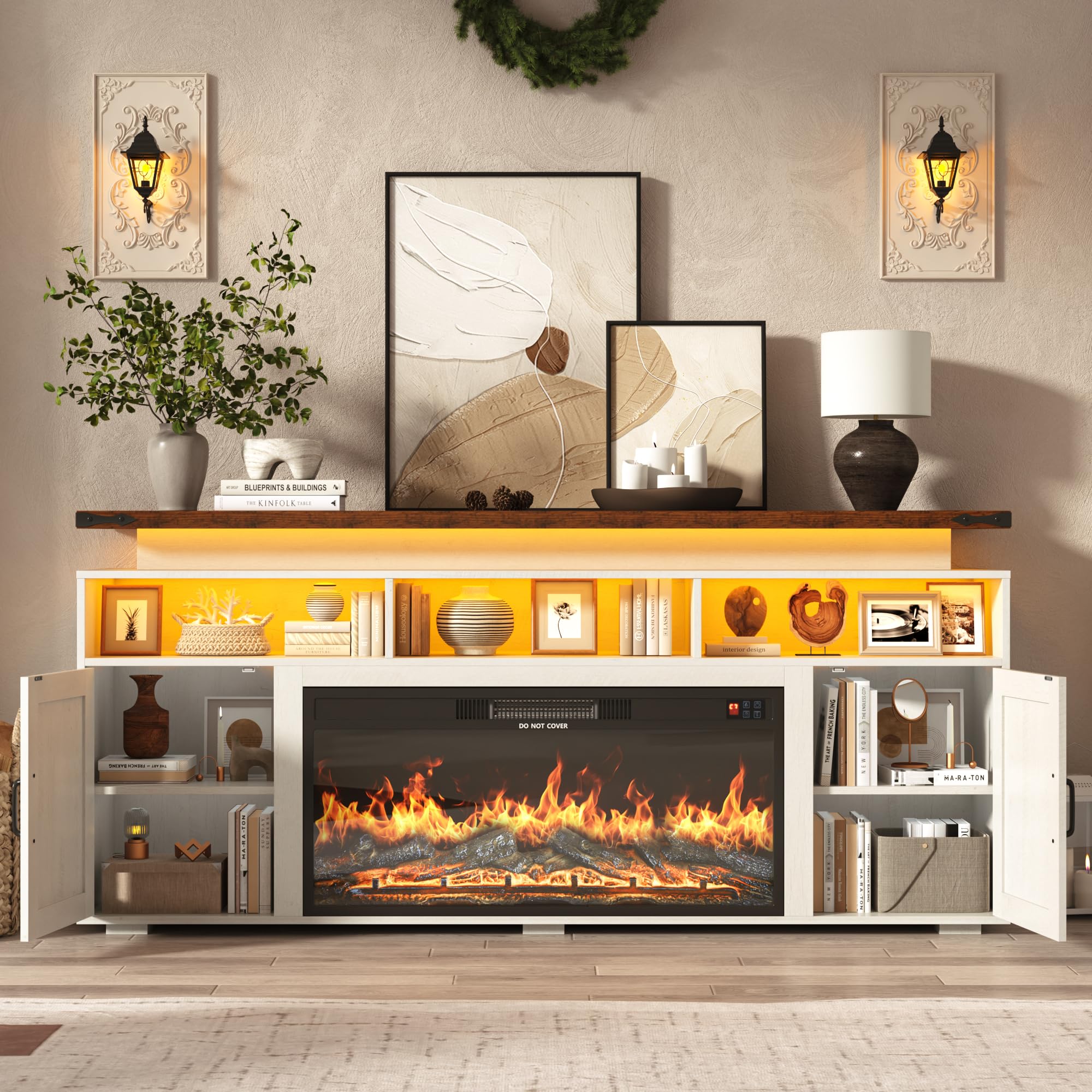 ChVans 70.8" Farmhouse Fireplace TV Stand for TVs up to 80" with 36" Electric Fireplace, 32" Tall Entertainment Center with Power Outlet/LED Lights, Media Console w/Sliding Barn Door for Living Room