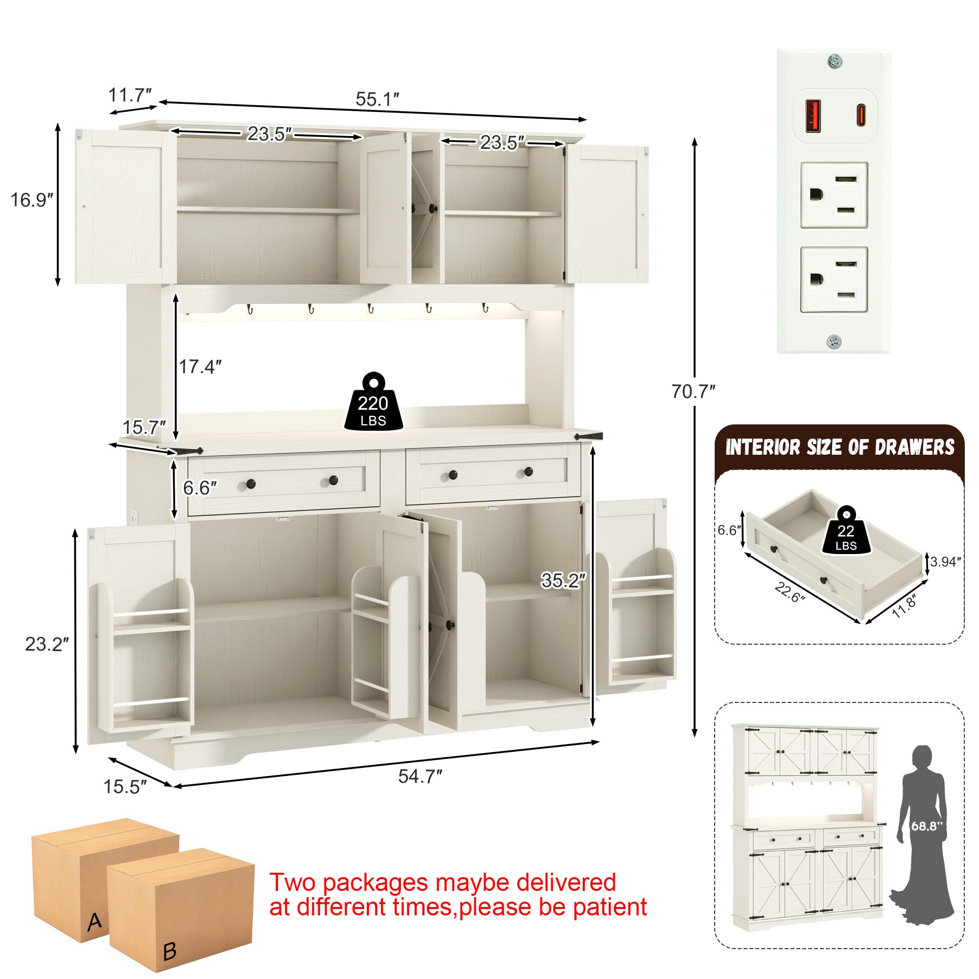 ANPOO 71" Tall Farmhouse Kitchen Pantry Cabinet with LED Light, Power Outlet & 4 Doors with Door-mounted Storage, Large Freestanding Storage Hutch with Open Countertop for Dining Room, Living Room