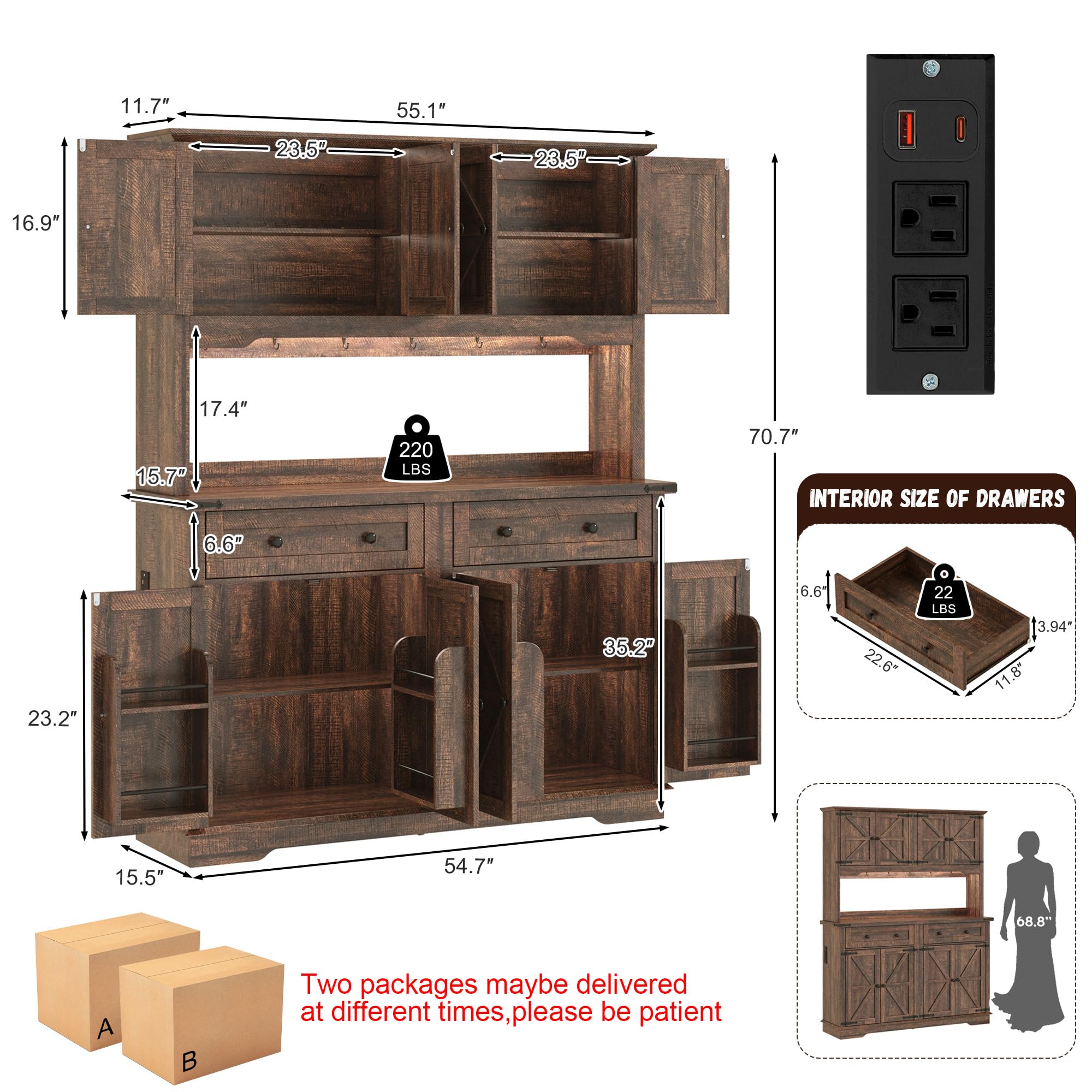 ANPOO 71" Tall Farmhouse Kitchen Pantry Cabinet with LED Light, Power Outlet & 4 Doors with Door-mounted Storage, Large Freestanding Storage Hutch with Open Countertop for Dining Room, Living Room