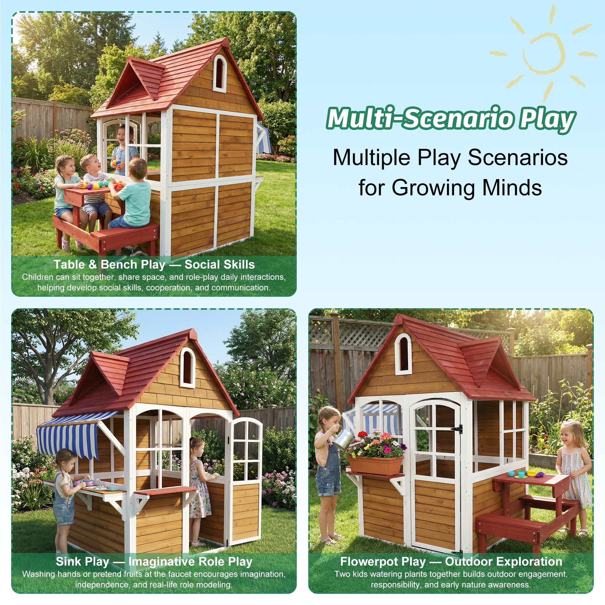 ANPOO Outdoor Wooden Kids Playhouse, Large Play House with Bench/Table/Kitchen/Flower Pot Holders/Toys, Outdoor Play Toy Gift for Ages 3+