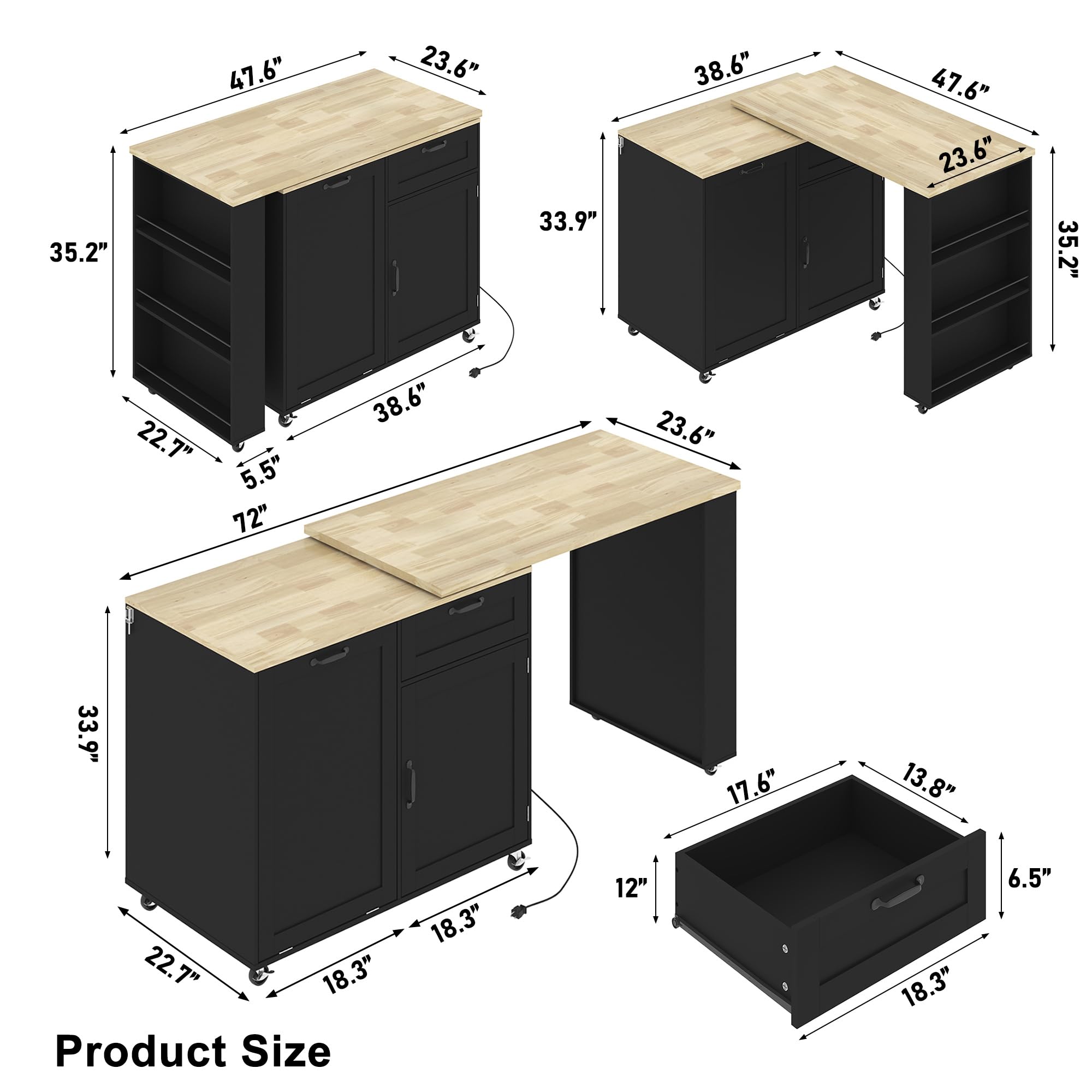 ANPOO 360° Rotating Rolling Kitchen Island Cart with Tilt-Out Trash Bin, Extendable Table, Spice Rack, Storage Cabinet & Drawer, Lockable Wheels, Modern Wooden Cart for Kitchens & Dining Rooms