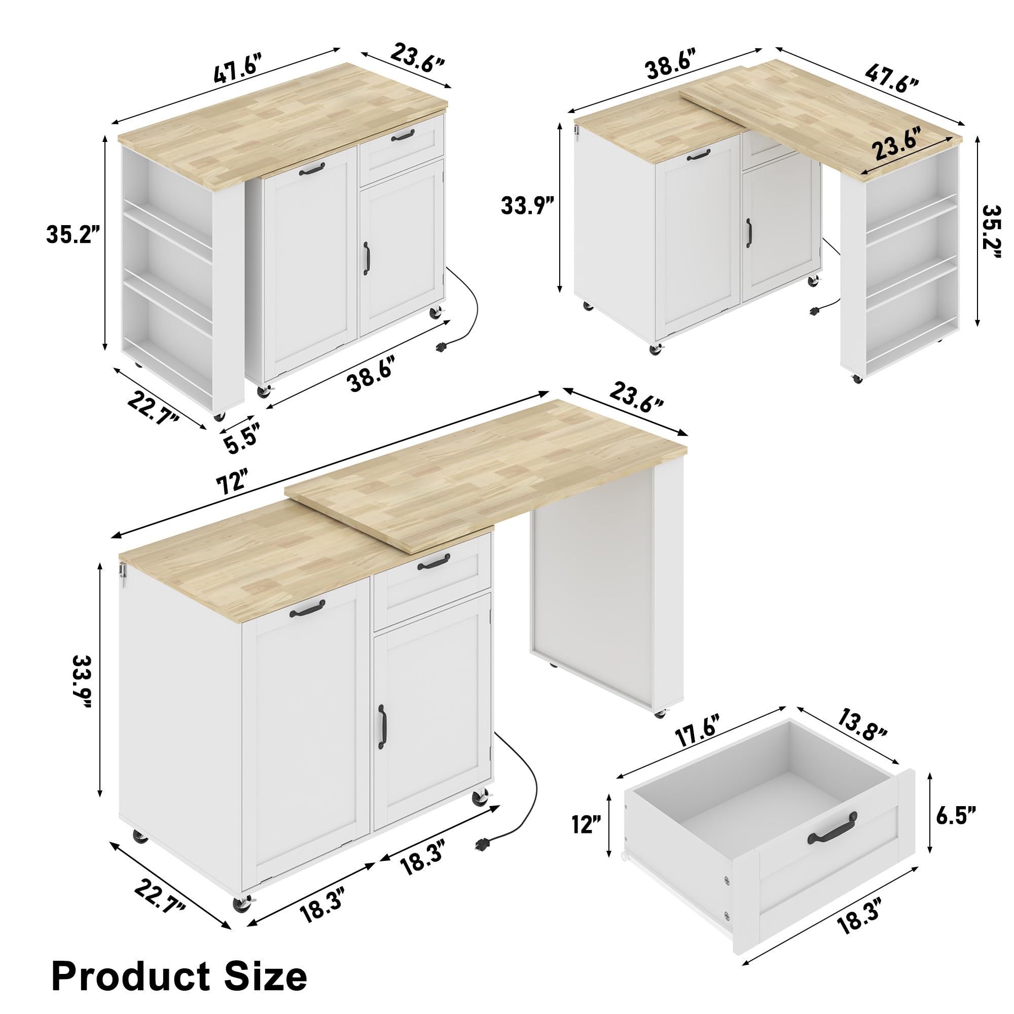 ANPOO 360° Rotating Rolling Kitchen Island Cart with Tilt-Out Trash Bin, Extendable Table, Spice Rack, Storage Cabinet & Drawer, Lockable Wheels, Modern Wooden Cart for Kitchens & Dining Rooms