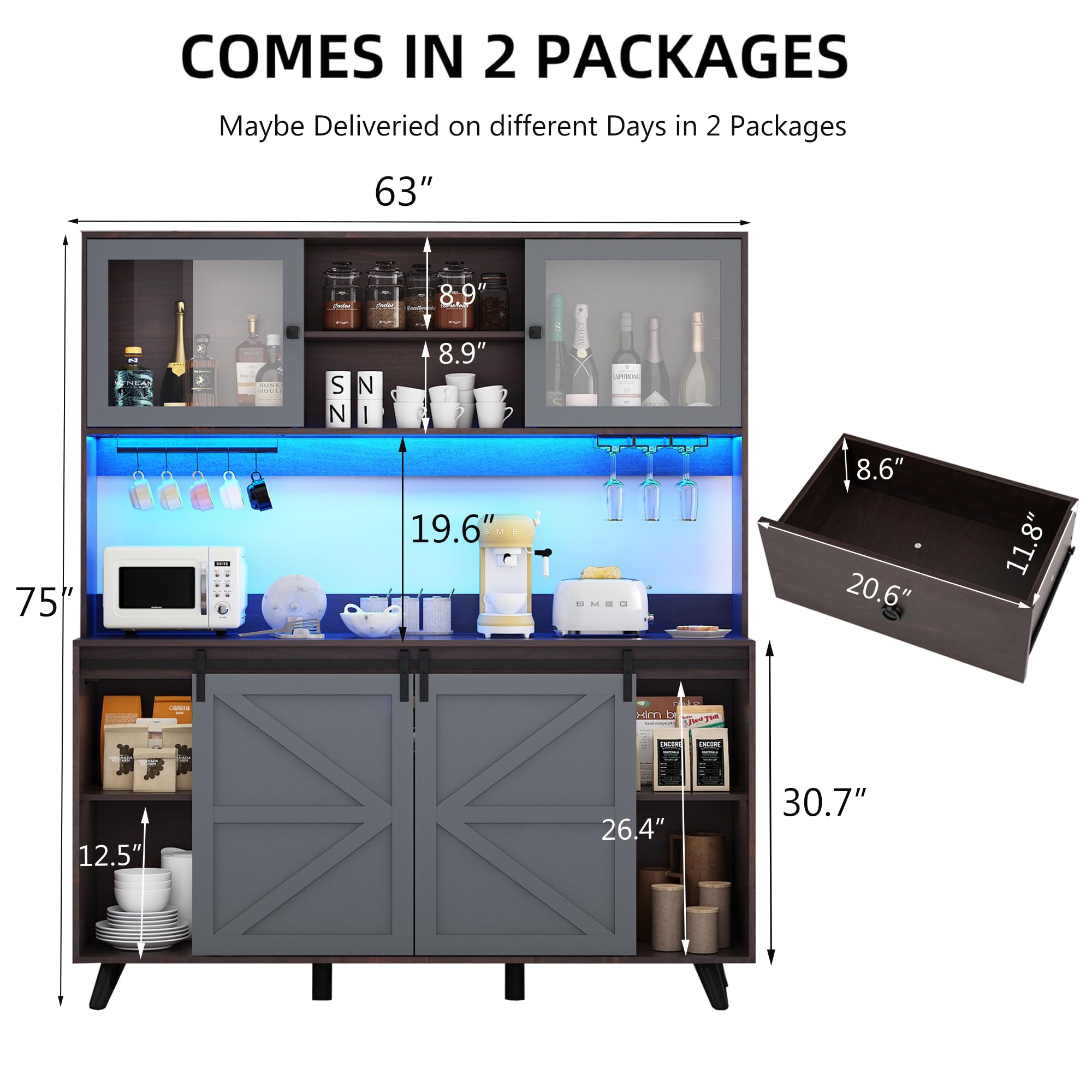 75" Tall Large Farmhouse Coffee Bar Cabinet, 63" Wide Buffet Sideboard with Barn Door, LED Lights, Outlets, 10 Wine Bottle/12 Wine Glasses Rack, 2 Drawers