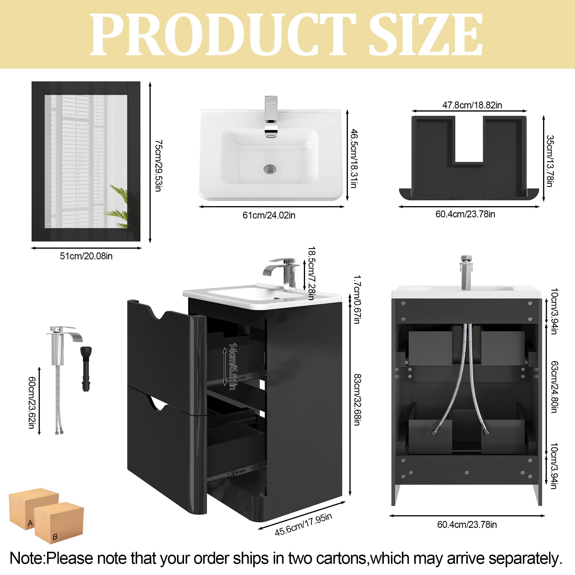 ANPOO 24 Inch High Gloss Bathroom Vanity with Sink, Mirror and Faucet, Freestanding Storage Cabinet with 2 Drawers, Modern Ceramic Sink Vanity Combo