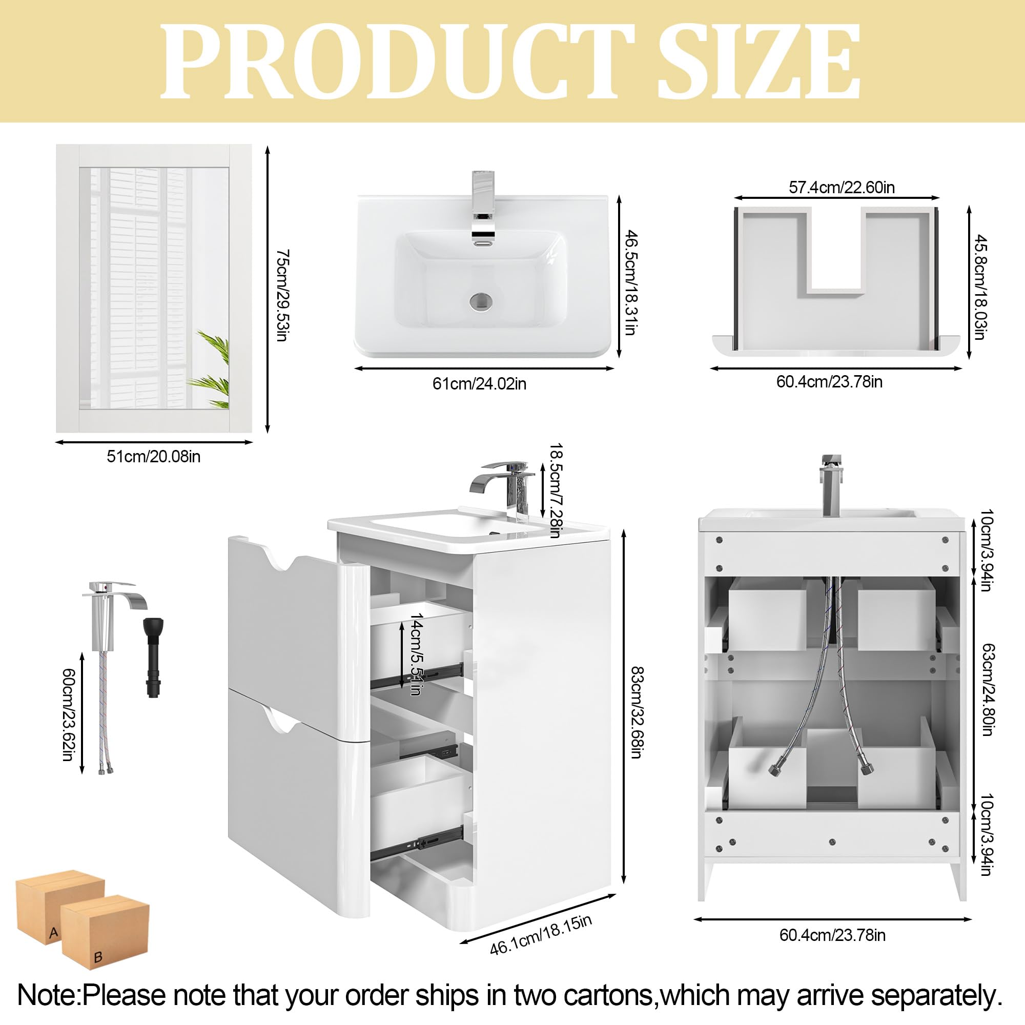 ANPOO 24 Inch High Gloss Bathroom Vanity with Sink, Mirror and Faucet, Freestanding Storage Cabinet with 2 Drawers, Modern Ceramic Sink Vanity Combo