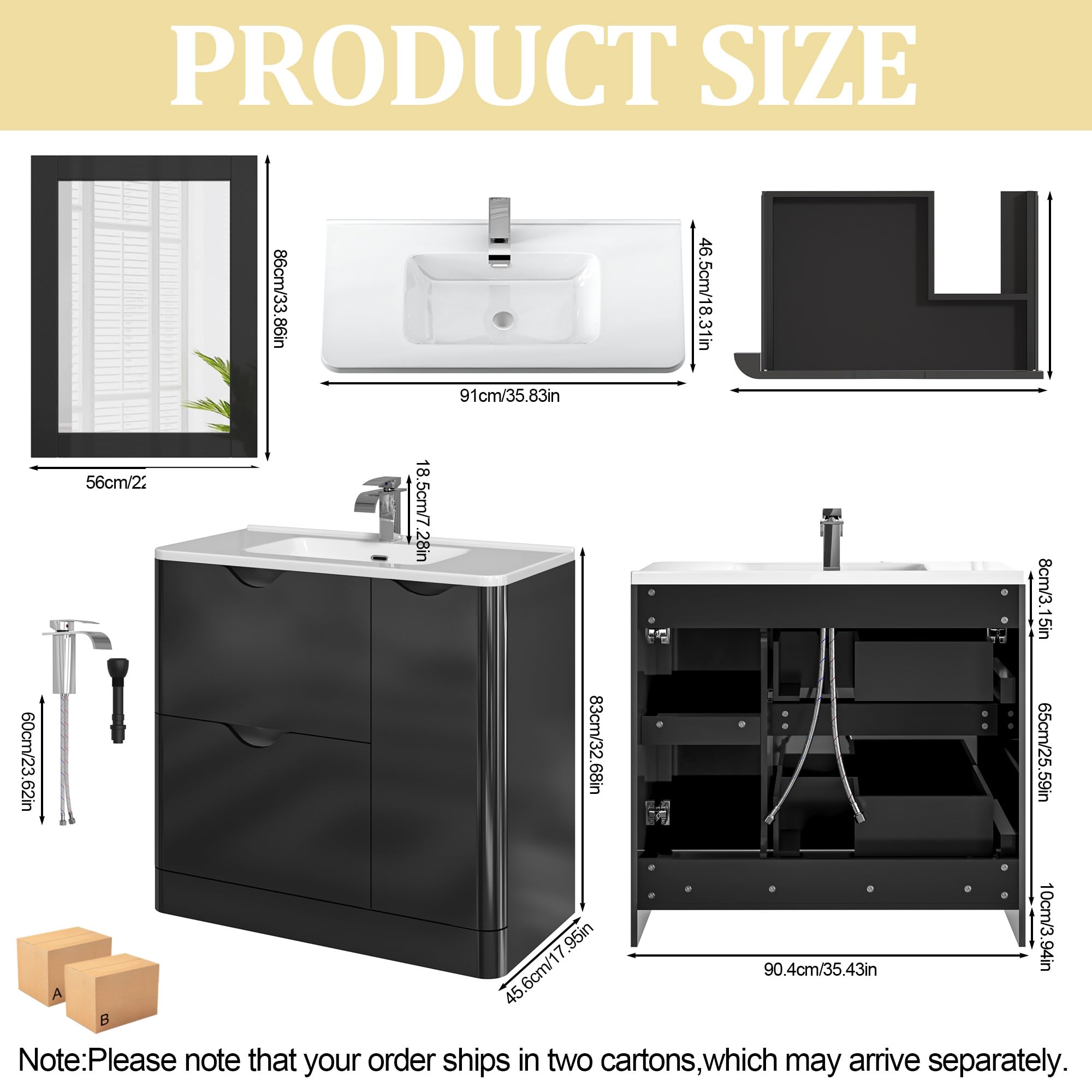 ANPOO 24 Inch High Gloss Bathroom Vanity with Sink, Mirror and Faucet, Freestanding Storage Cabinet with 2 Drawers, Modern Ceramic Sink Vanity Combo