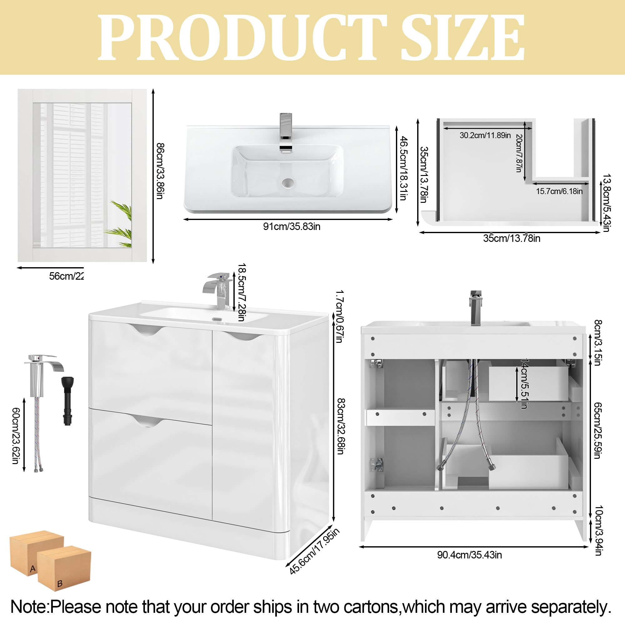 ANPOO 24 Inch High Gloss Bathroom Vanity with Sink, Mirror and Faucet, Freestanding Storage Cabinet with 2 Drawers, Modern Ceramic Sink Vanity Combo
