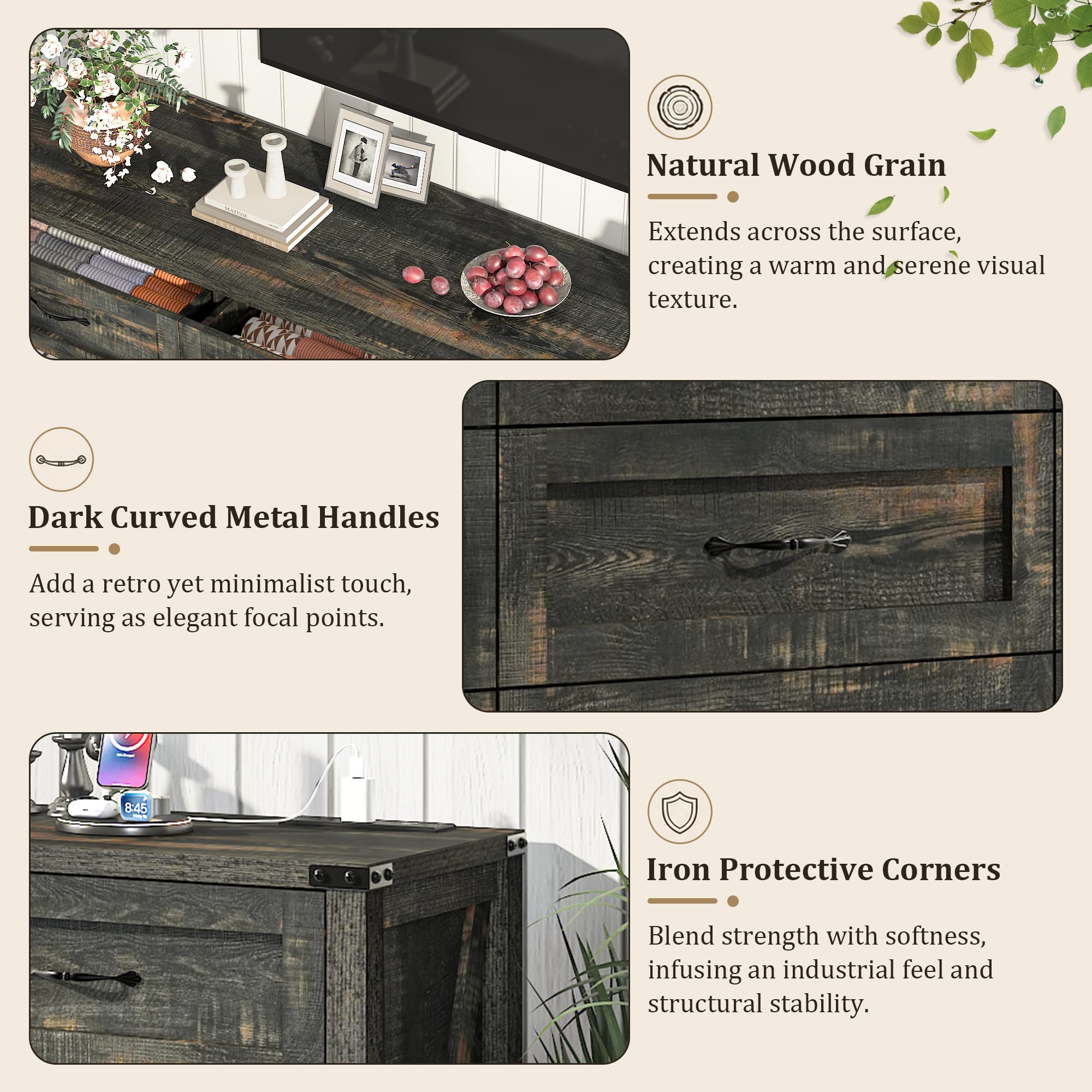 ANPOO 63 Inch Wide Rustic Farmhouse 12 Drawer Dresser, Vintage Wood Chest with Built-in Multi Power Outlet, Wood Dresser for Bedroom, Living Room, Hallway