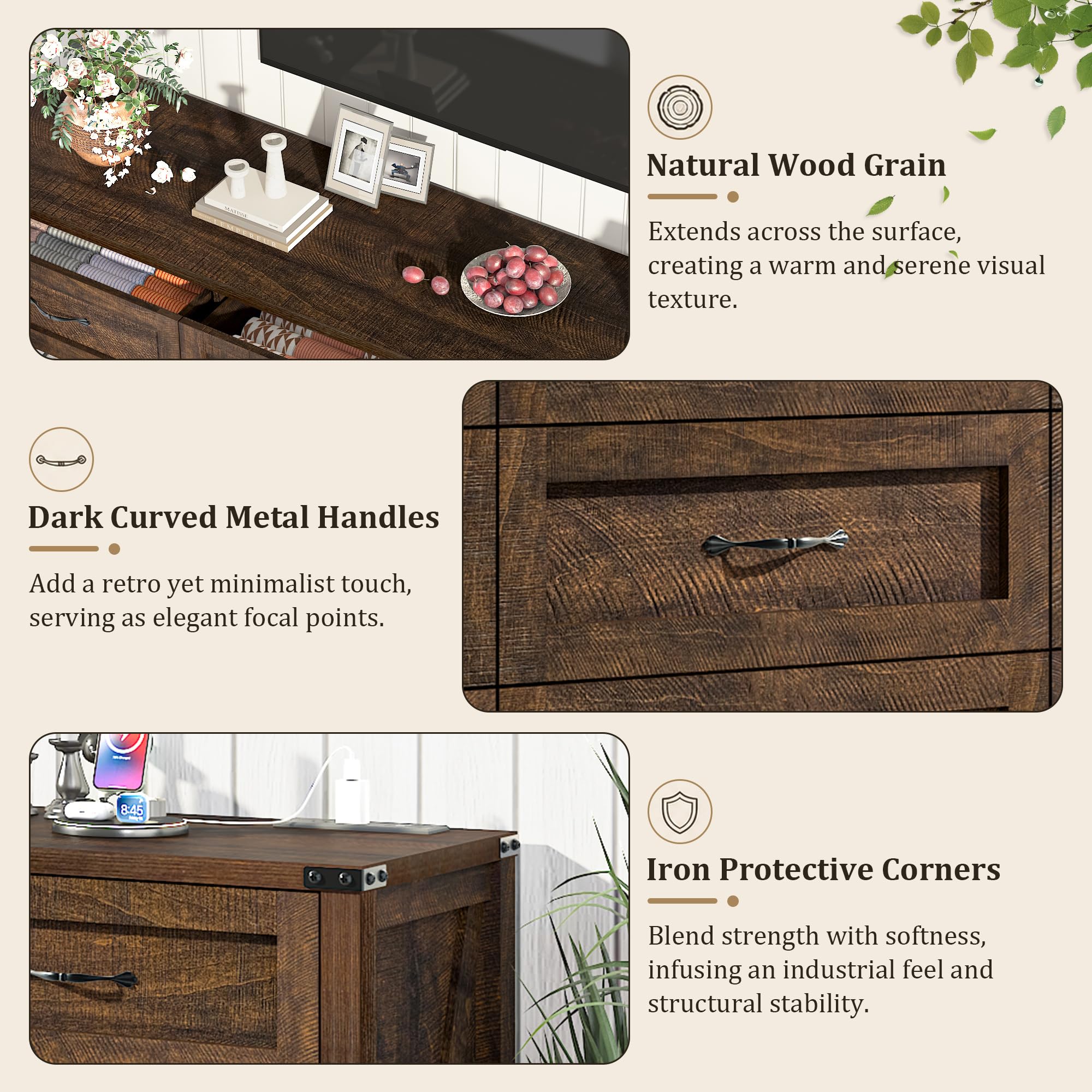 ANPOO 63 Inch Wide Rustic Farmhouse 12 Drawer Dresser, Vintage Wood Chest with Built-in Multi Power Outlet, Wood Dresser for Bedroom, Living Room, Hallway