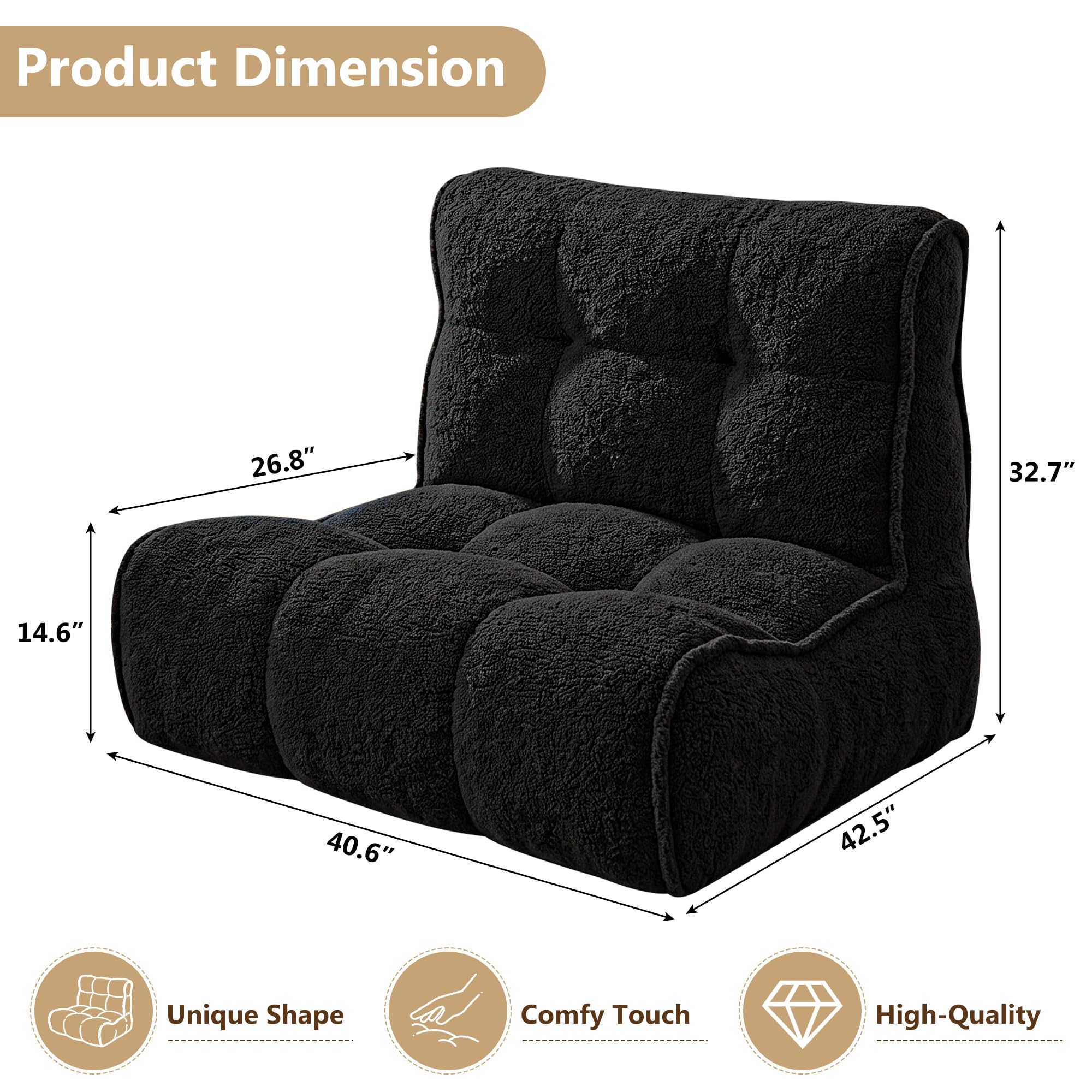 Chenille Bean Bag Floor Couch, Oversized Memory Foam Lazy Sofa, Plush Textured Floor Lounger for Bedroom, Living Room, Dorm & Game Room
