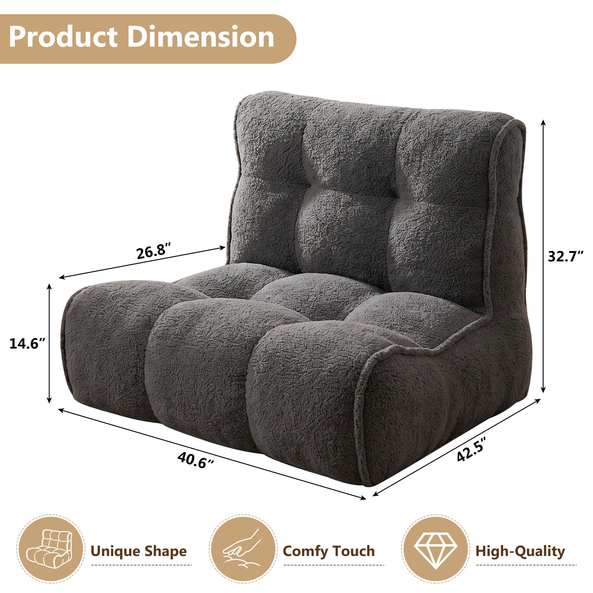 Chenille Bean Bag Floor Couch, Oversized Memory Foam Lazy Sofa, Plush Textured Floor Lounger for Bedroom, Living Room, Dorm & Game Room