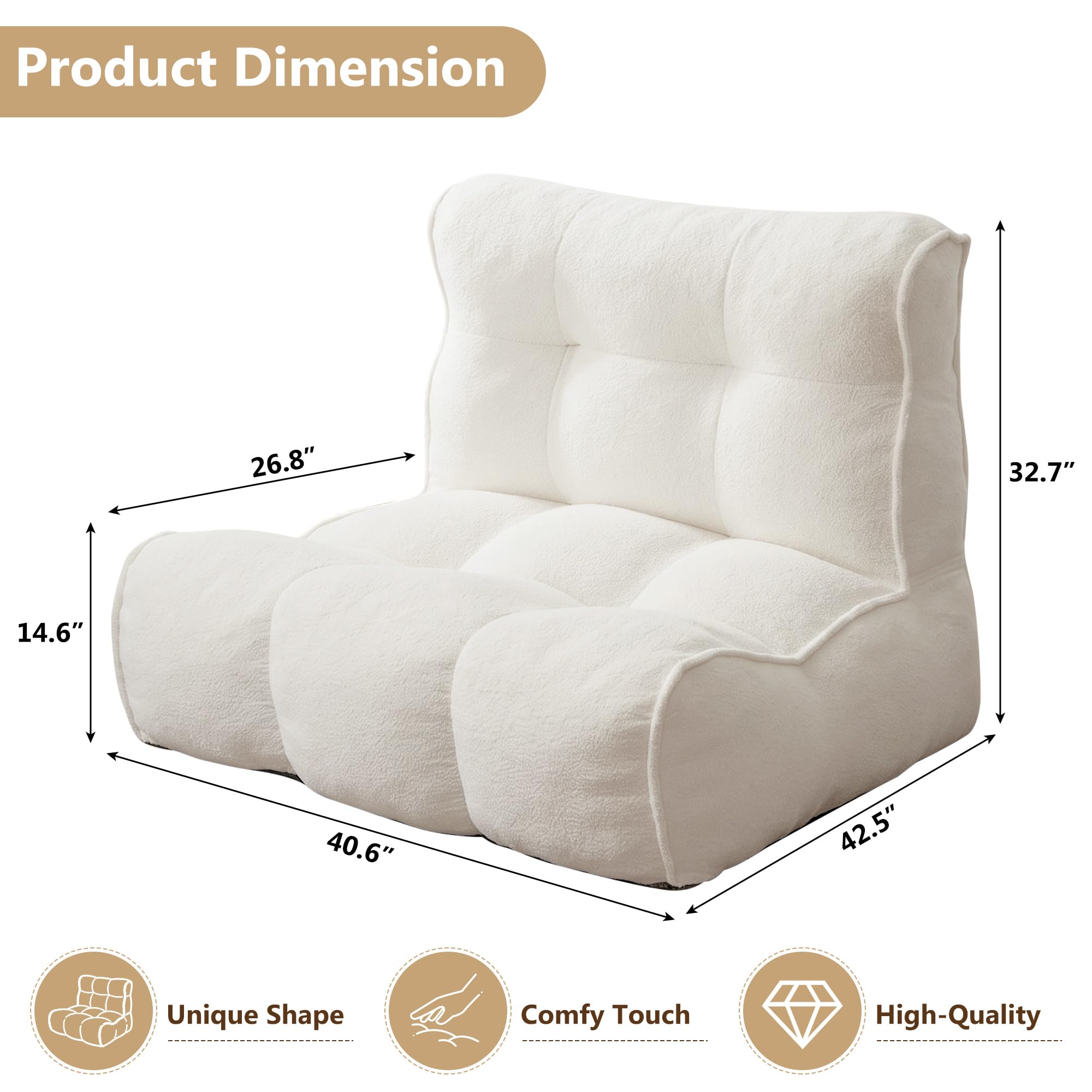 Chenille Bean Bag Floor Couch, Oversized Memory Foam Lazy Sofa, Plush Textured Floor Lounger for Bedroom, Living Room, Dorm & Game Room