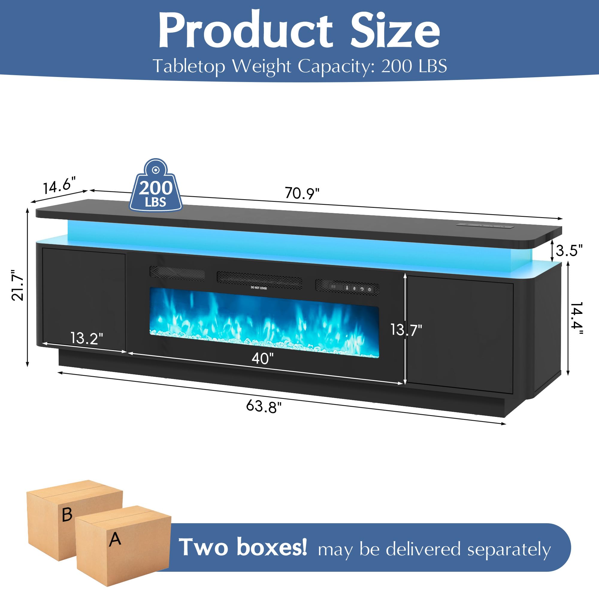 71 Inch Gloss Fireplace Media Console, 36" Electric LED Flame TV Cabinet Fits Up To 80 Inch Television