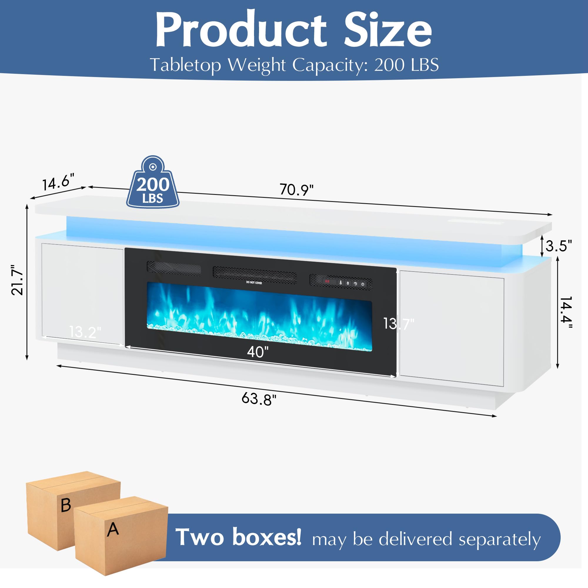 71 Inch Gloss Fireplace Media Console, 36" Electric LED Flame TV Cabinet Fits Up To 80 Inch Television