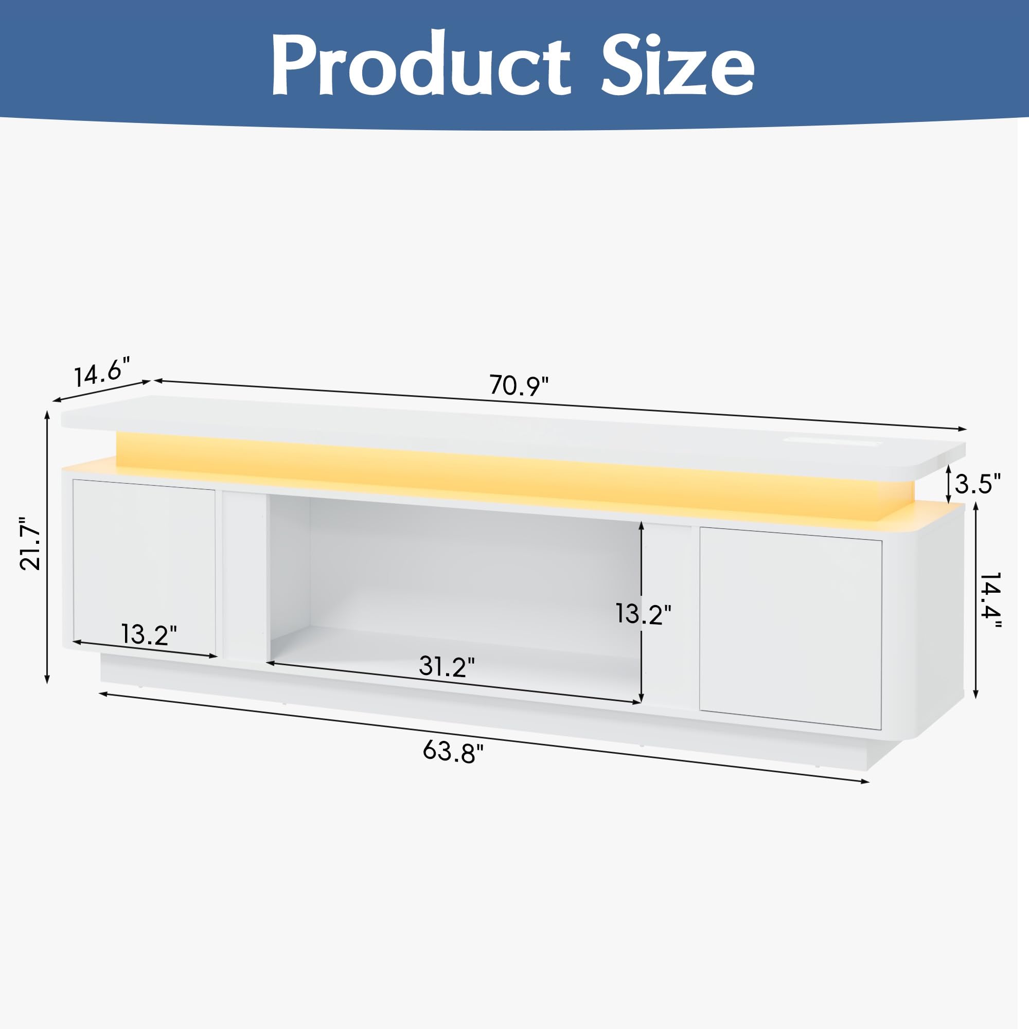  71 Inch White High Gloss Media Console, TV Cabinet With Power Strip, LED Lights & Storage For Up To 80 Inch Television