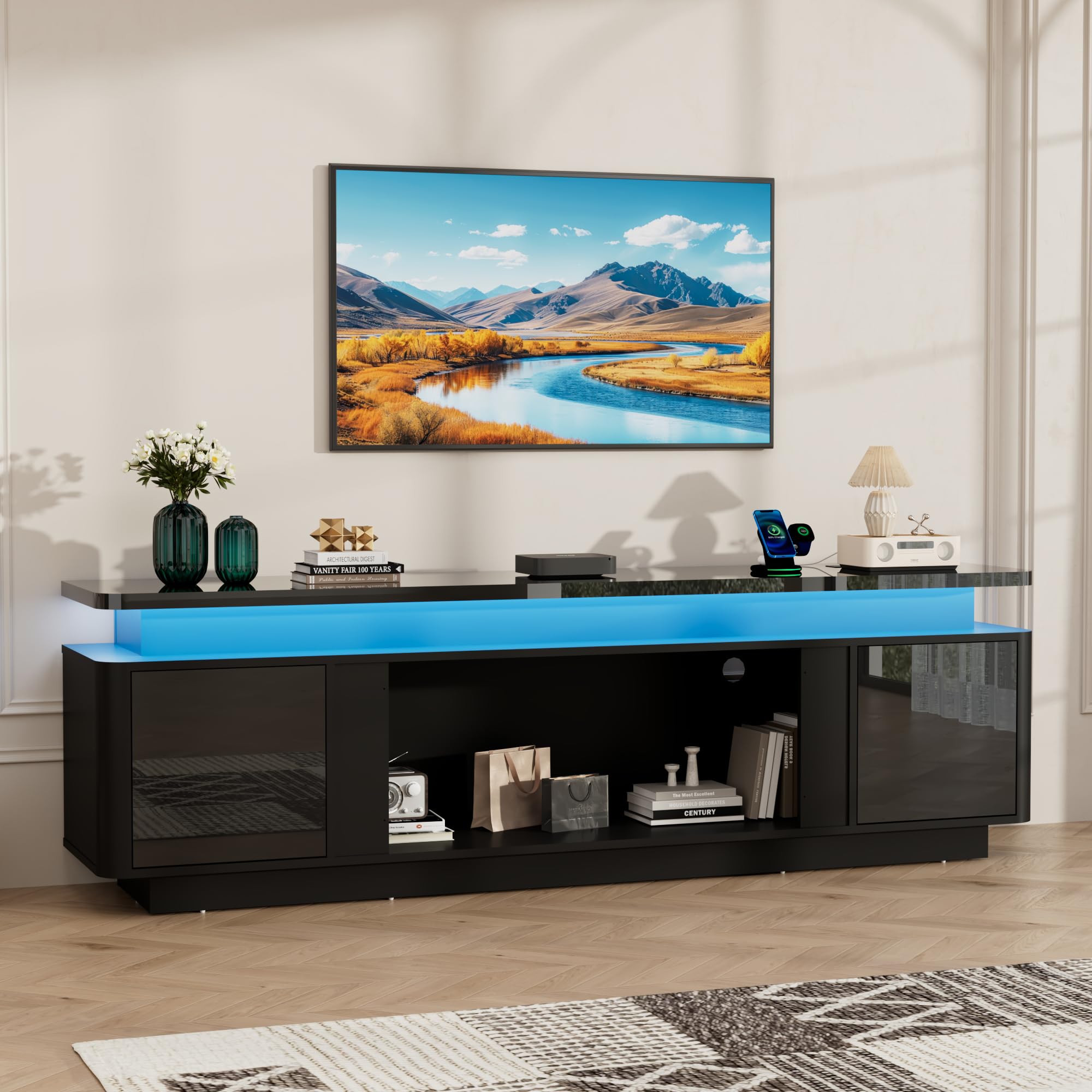  71 Inch White High Gloss Media Console, TV Cabinet With Power Strip, LED Lights & Storage For Up To 80 Inch Television