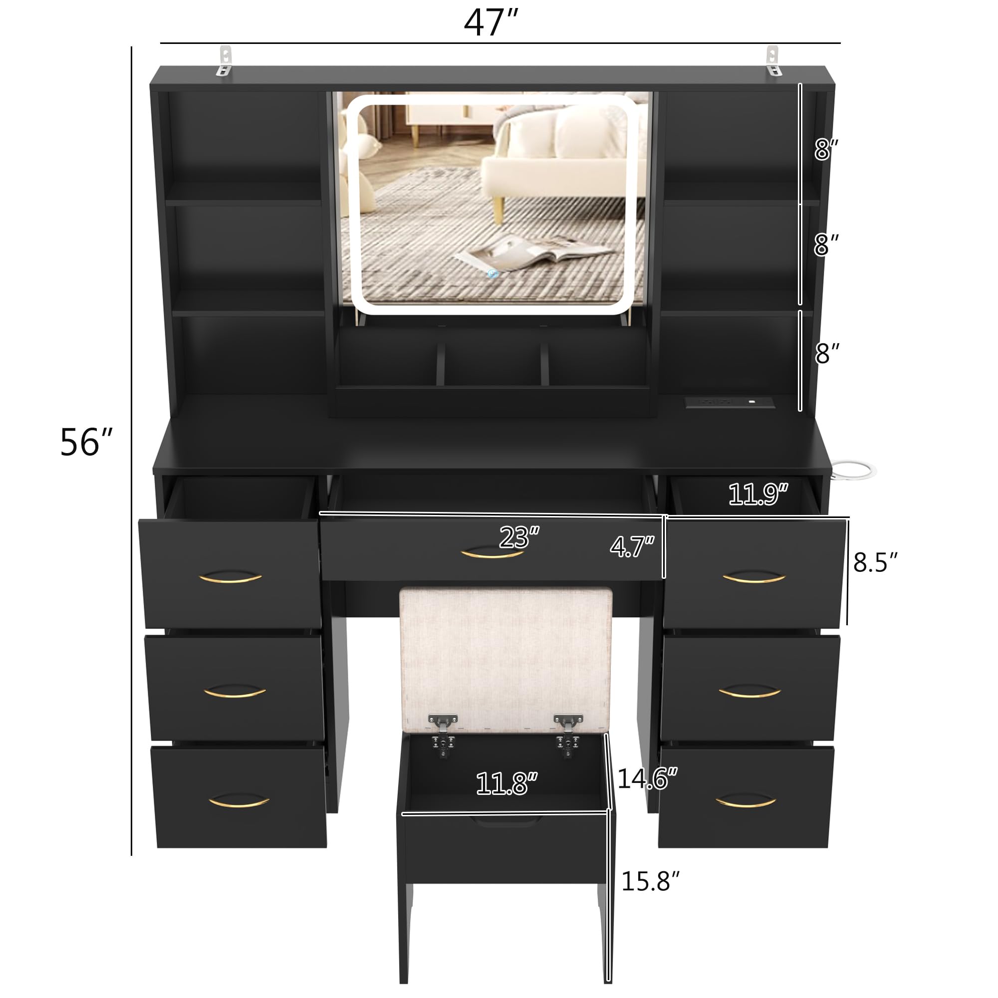 Large Vanity Desk Set with Mirror & LED Light & Power Outlet, 47" White Makeup Vanity with 6 Shelves & 7 Drawers for Women, Girls Gift