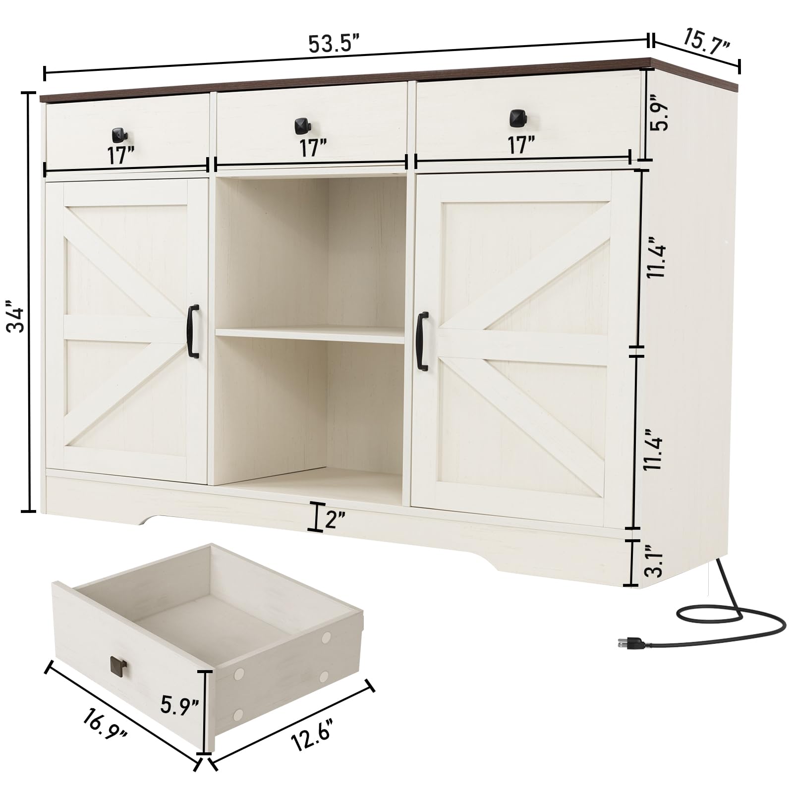 ChVans 54'' 3 Drawer Coffee Bar Cabinet with Power Charging Station & & 2 Doors