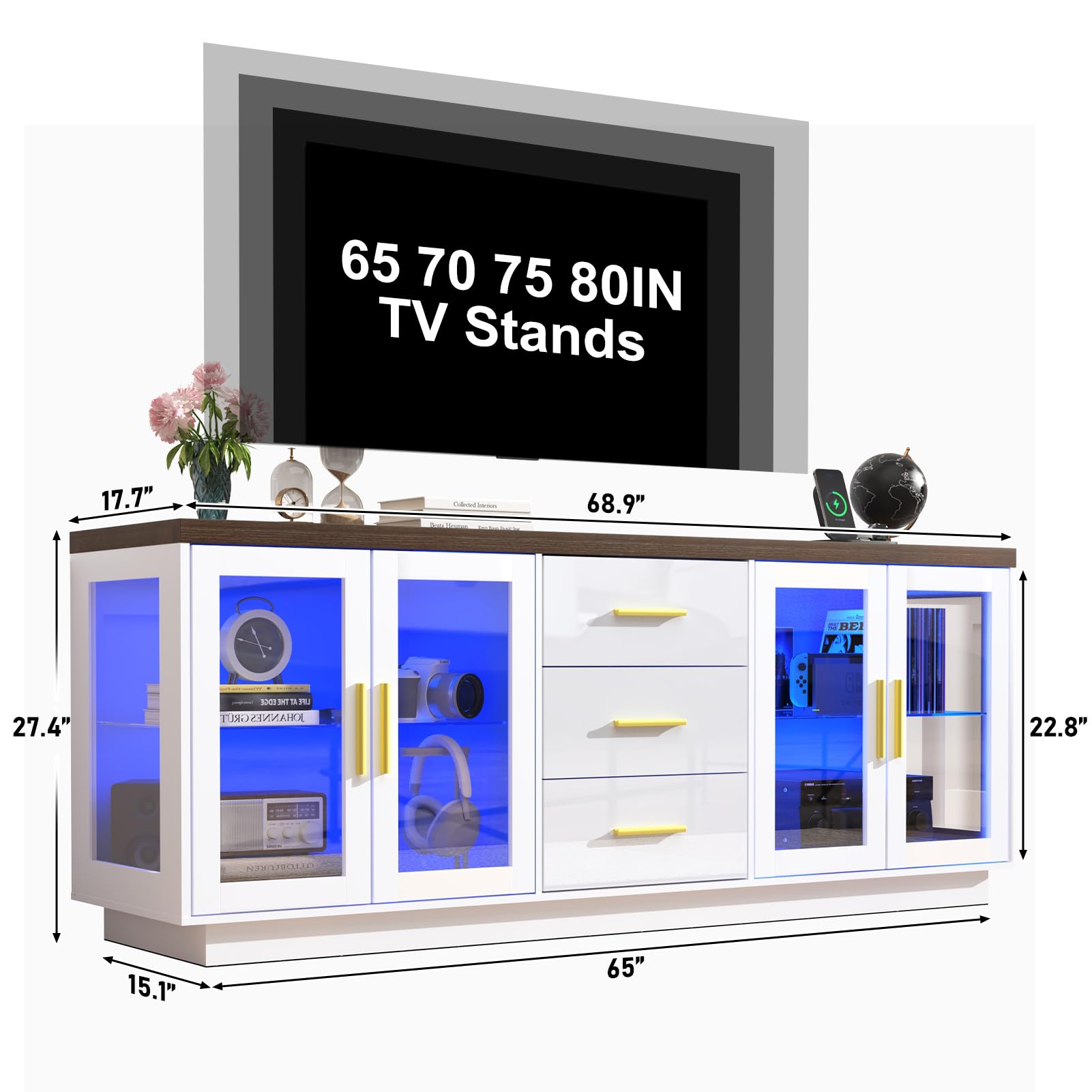 ChVans 69" Modern LED TV Stand for TVs up to 80" with Power Outlets, High Gloss Entertainment Center with Open Shelves & Storage Cabinets & Drawers for Living Room, Game Room, Bedroom