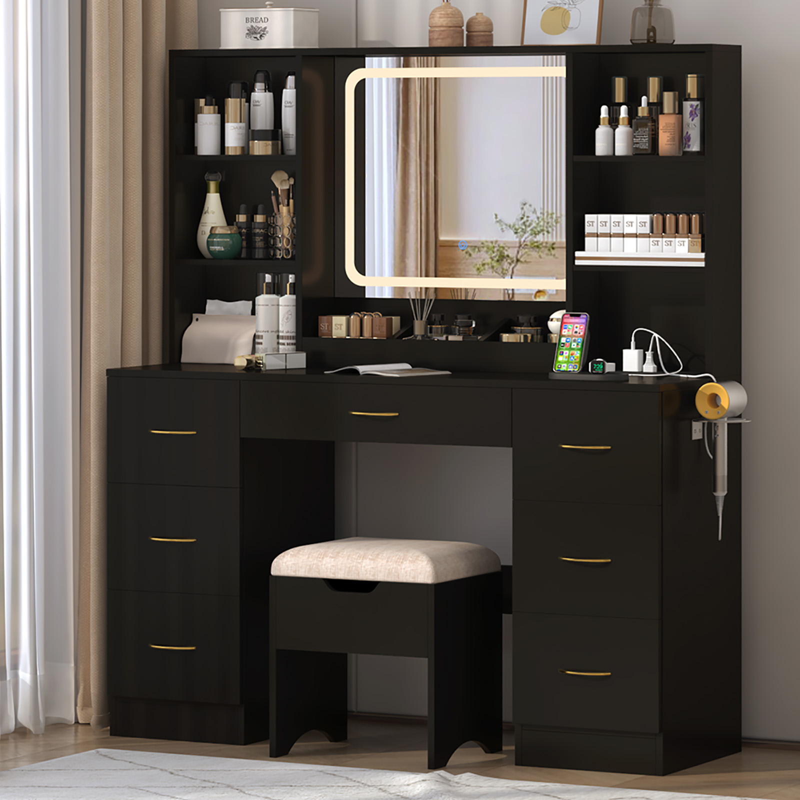 Large Vanity Desk Set with Mirror & LED Light & Power Outlet, 47" White Makeup Vanity with 6 Shelves & 7 Drawers for Women, Girls Gift