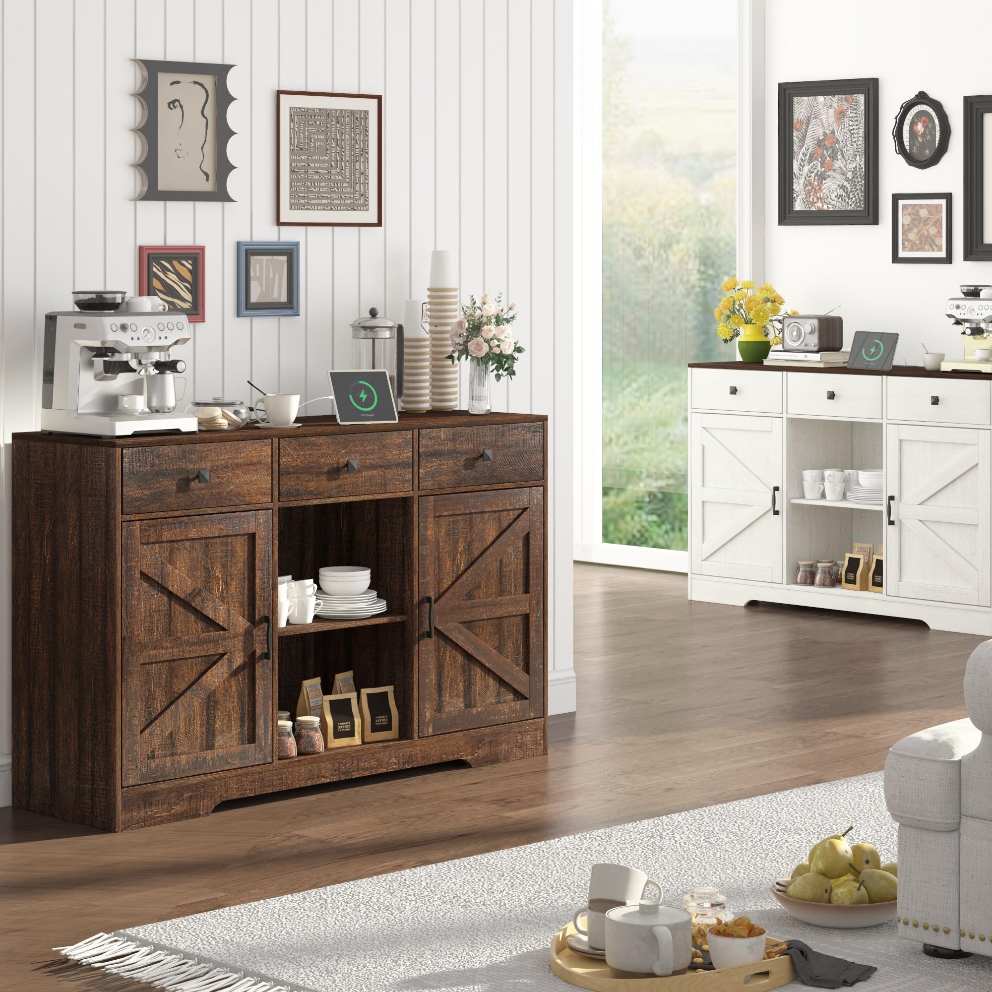 ChVans 54'' 3 Drawer Coffee Bar Cabinet with Power Charging Station & & 2 Doors