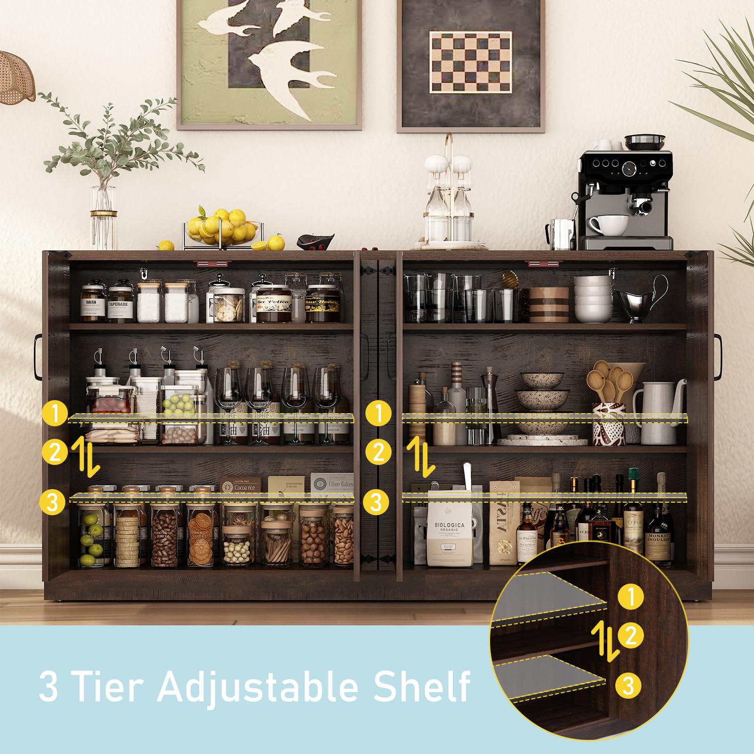 ChVans 65" Large Farmhouse Coffee Bar Cabinet with 4 Barn Doors, 34"H Wood Kitchen Pantry Cabinet W/4 Adjustable Shelves, Buffet Storage Cabinet for Kitchen, Dining Room, Living Room, White-Brown