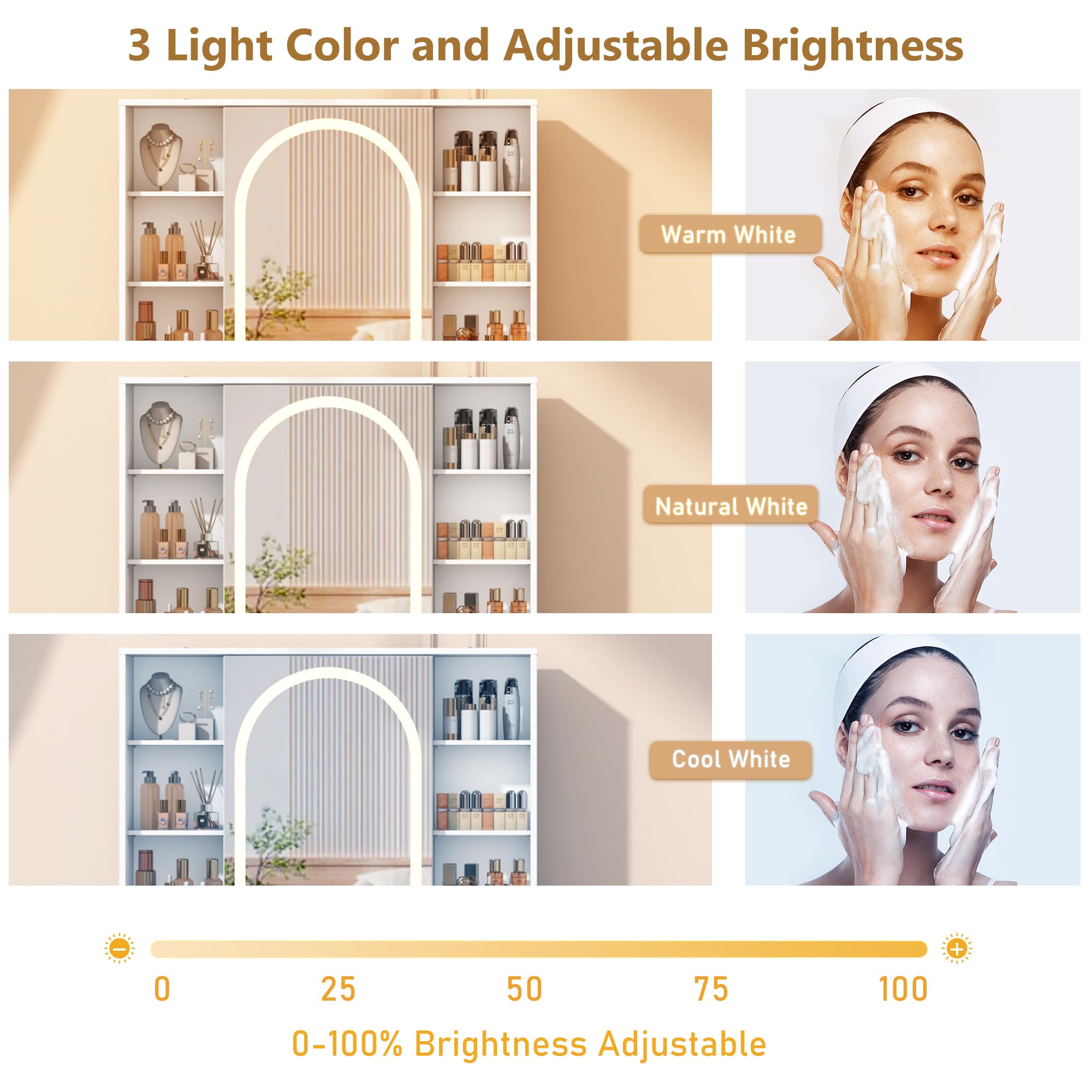 ChVans Corner Vanity Desk with Sliding Mirror and Lights, White and Gold Desk Vanity Tables with Storage Cabinet, Dressing Table for Girls, Women, White