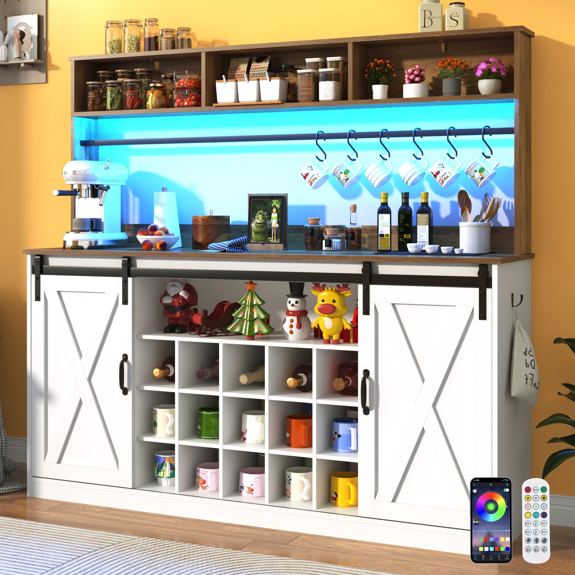 Chvans Farmhouse Coffee Bar Cabinet, 58" Tall Bar Cabinet with LED Lights & Power Outlet, Sideboard Buffet Cabinet with Storage Barn Door, Adjustable Shelf, 9 Wine Racks, 6 Hooks