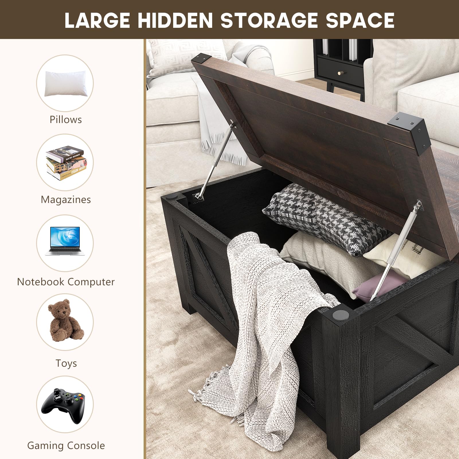 ChVans 35.6" Square Lift Top Coffee Table, Farmhouse Coffee Table with Storage & Charging Ports, Wood Center Table w/Large Hidden Space for Living Room Home Office, Brown