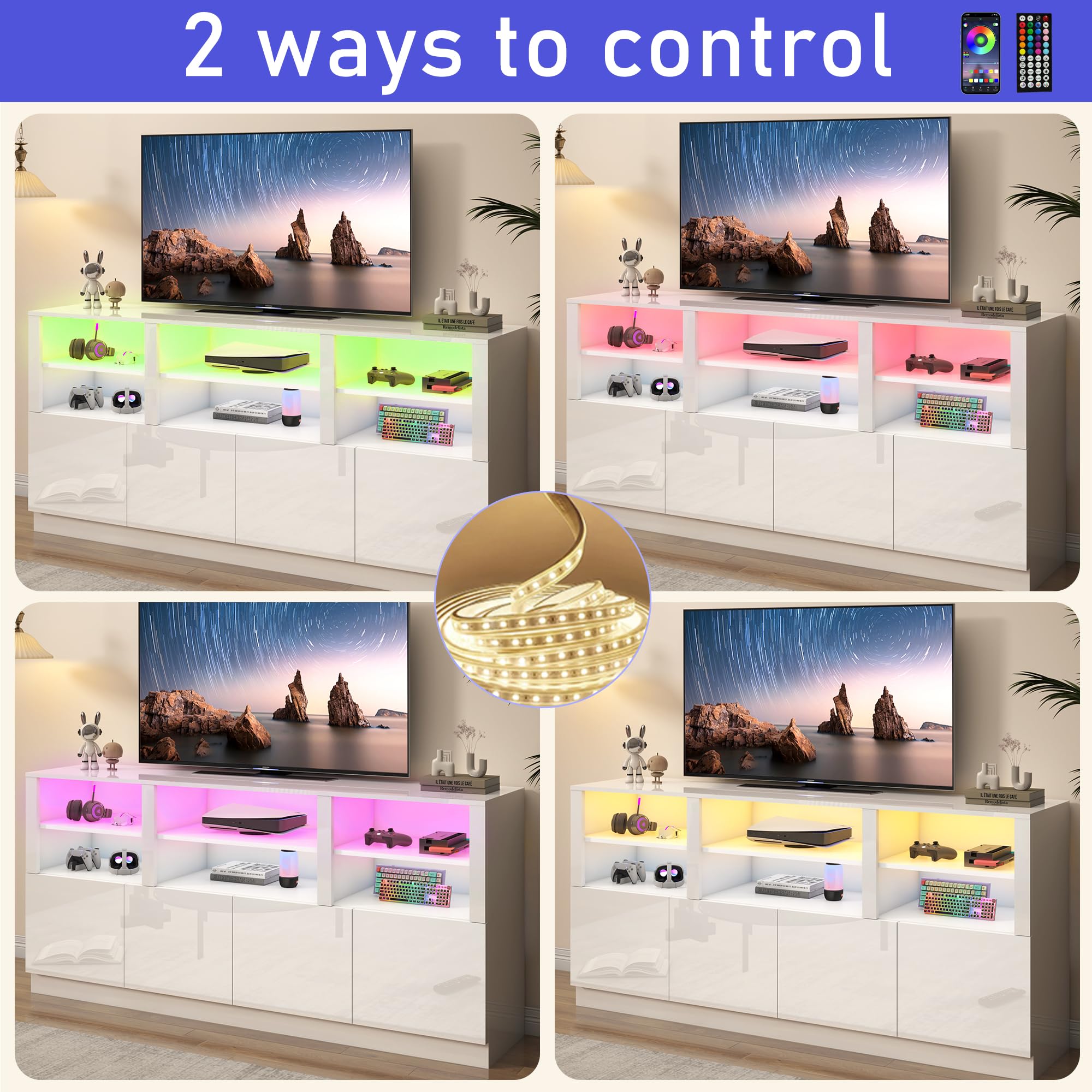 ANPOO LED TV Stand for 75” 80" 85" TVs, Tall Entertainment Center with 4 Door Storage Cabinets