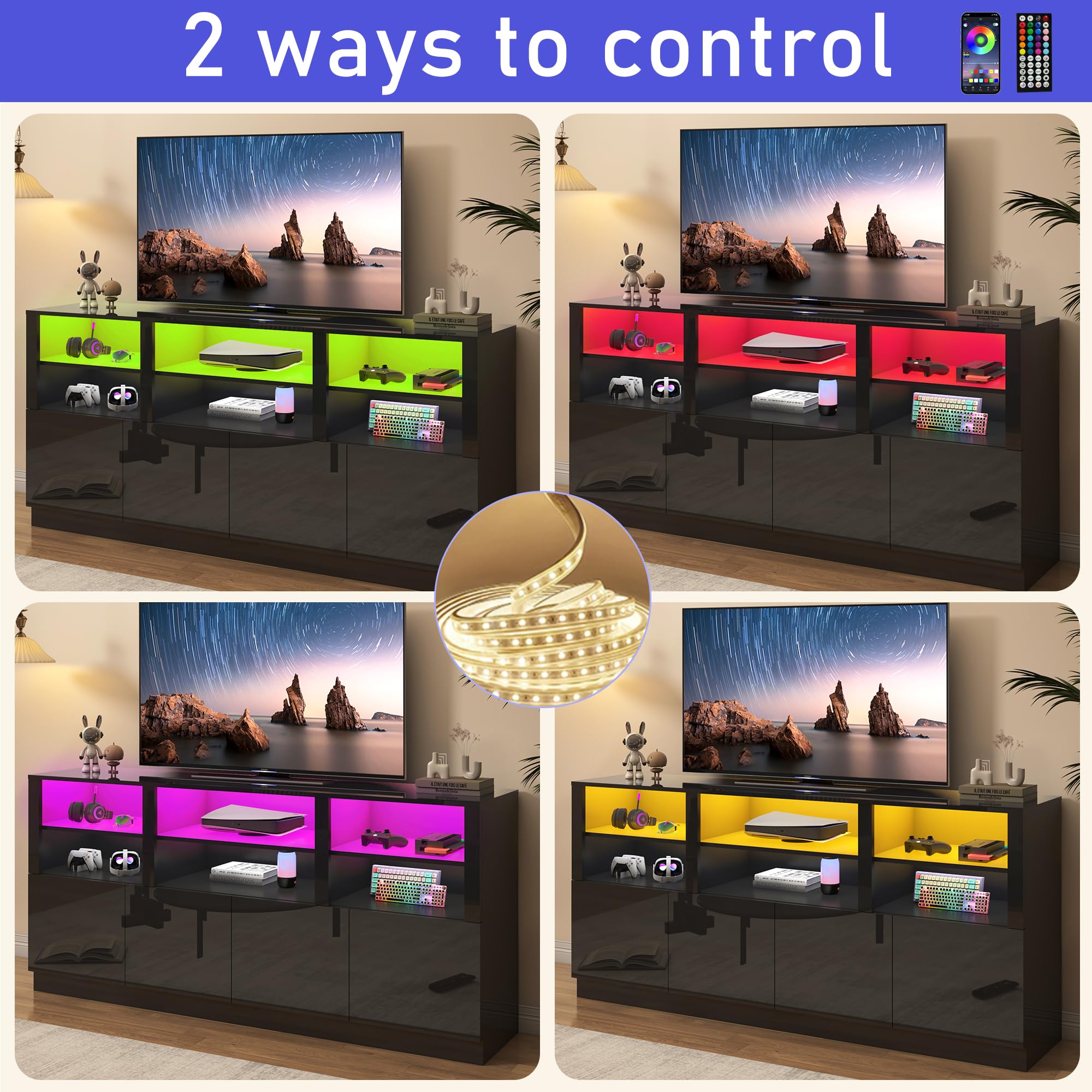 ANPOO LED TV Stand for 75” 80" 85" TVs, Tall Entertainment Center with 4 Door Storage Cabinets