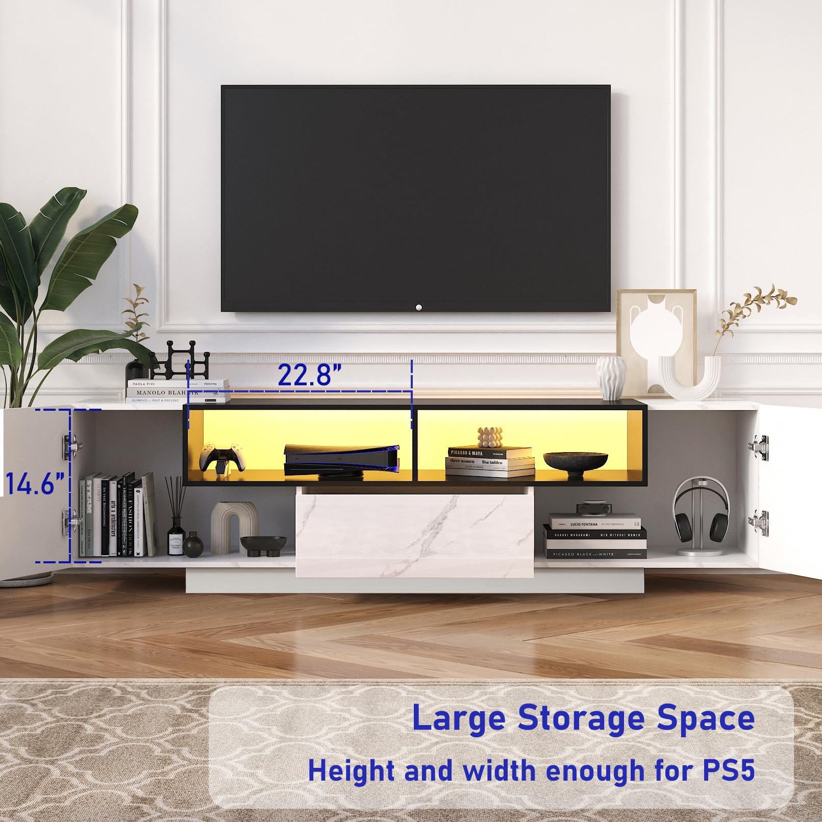 ANPOO 70" LED TV Stand for TVs up to 80" with Cabinet, 2 Open Shelves, Modern Entertainment Center Television Media Console for PS5 (White Marble)