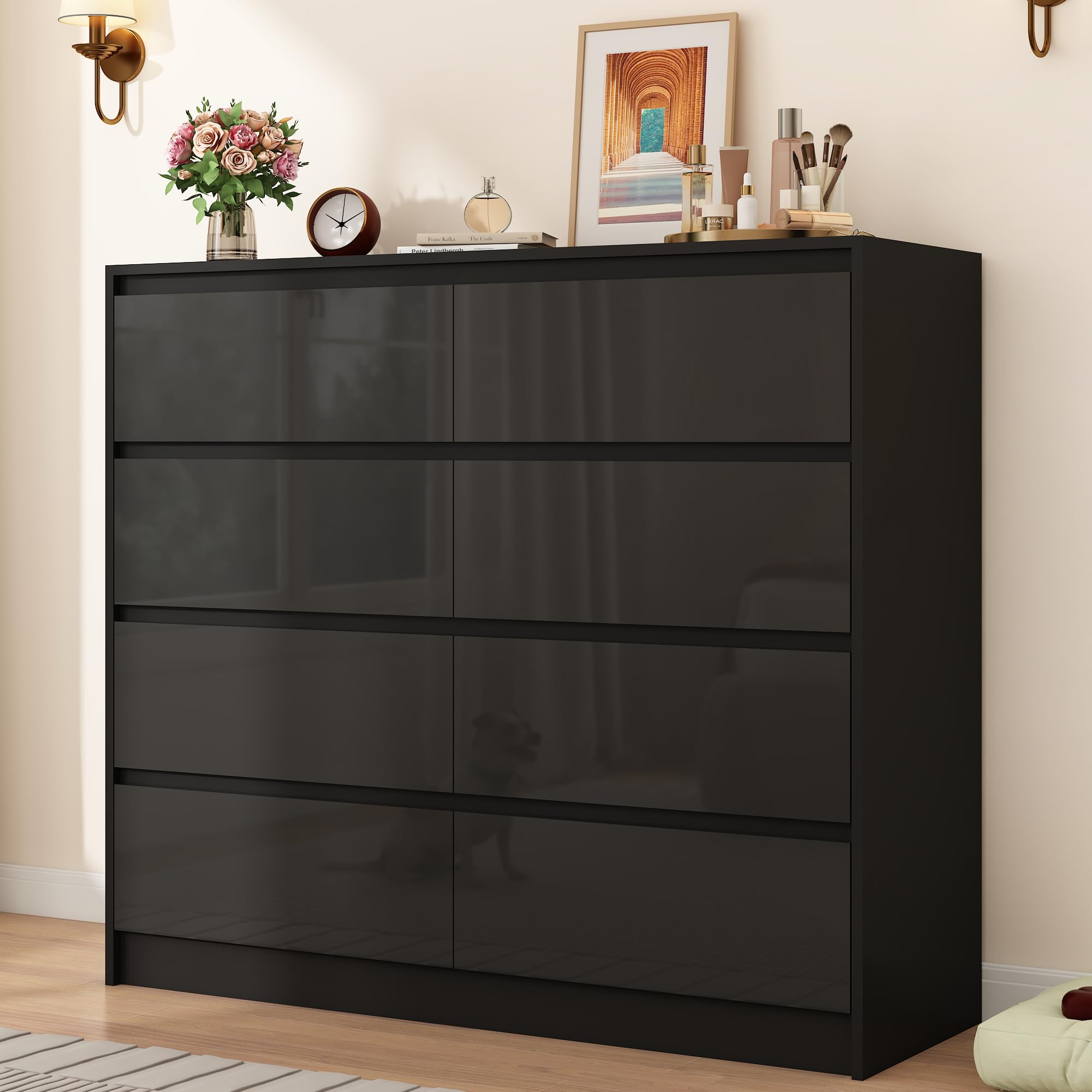 ChVans 8 Drawer Black Dresser for Bedroom, Modern High Gloss 8 Drawers Double Dressers, Wood Chest of Drawer Handle Free,Long Dresser for Bedroom,Living Room,Entryway,Hallway